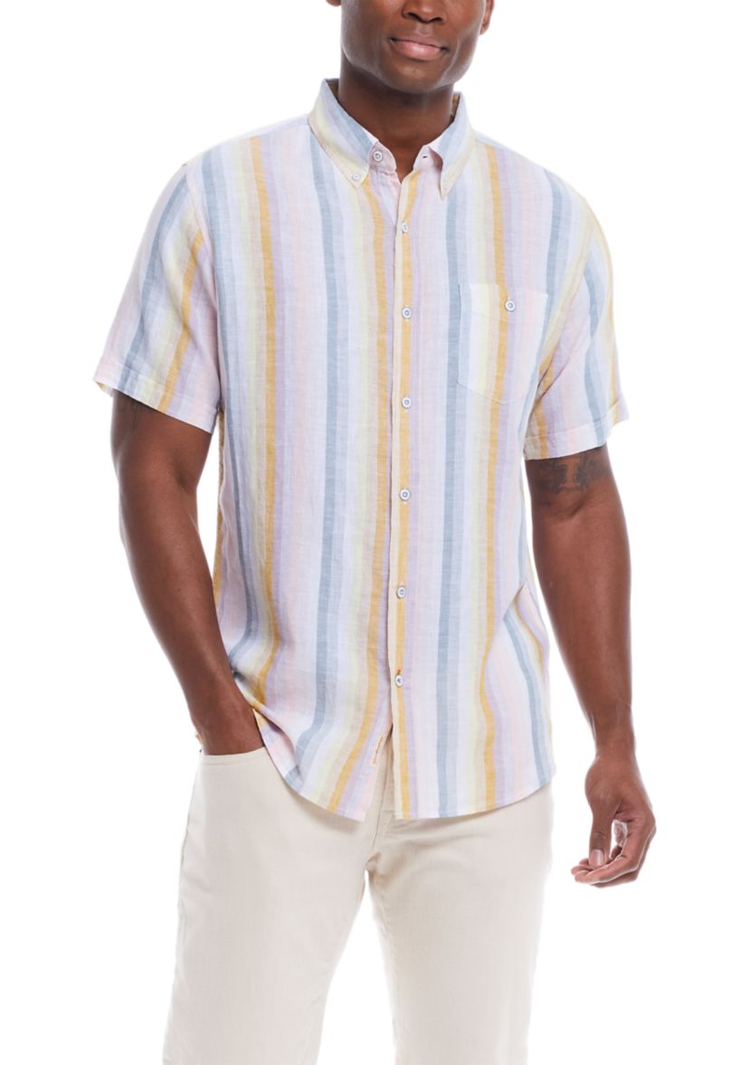 Mens Short Sleeve Linen Cotton Striped Shirt