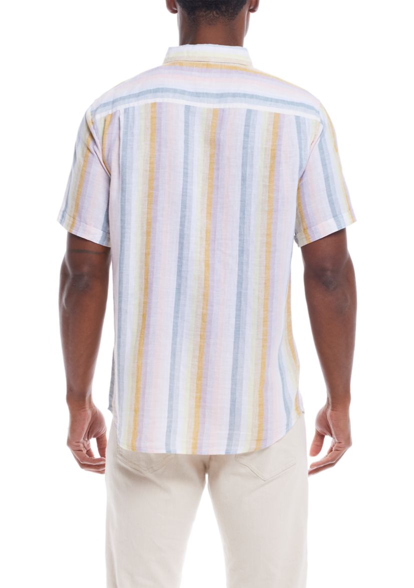 Mens Short Sleeve Linen Cotton Striped Shirt