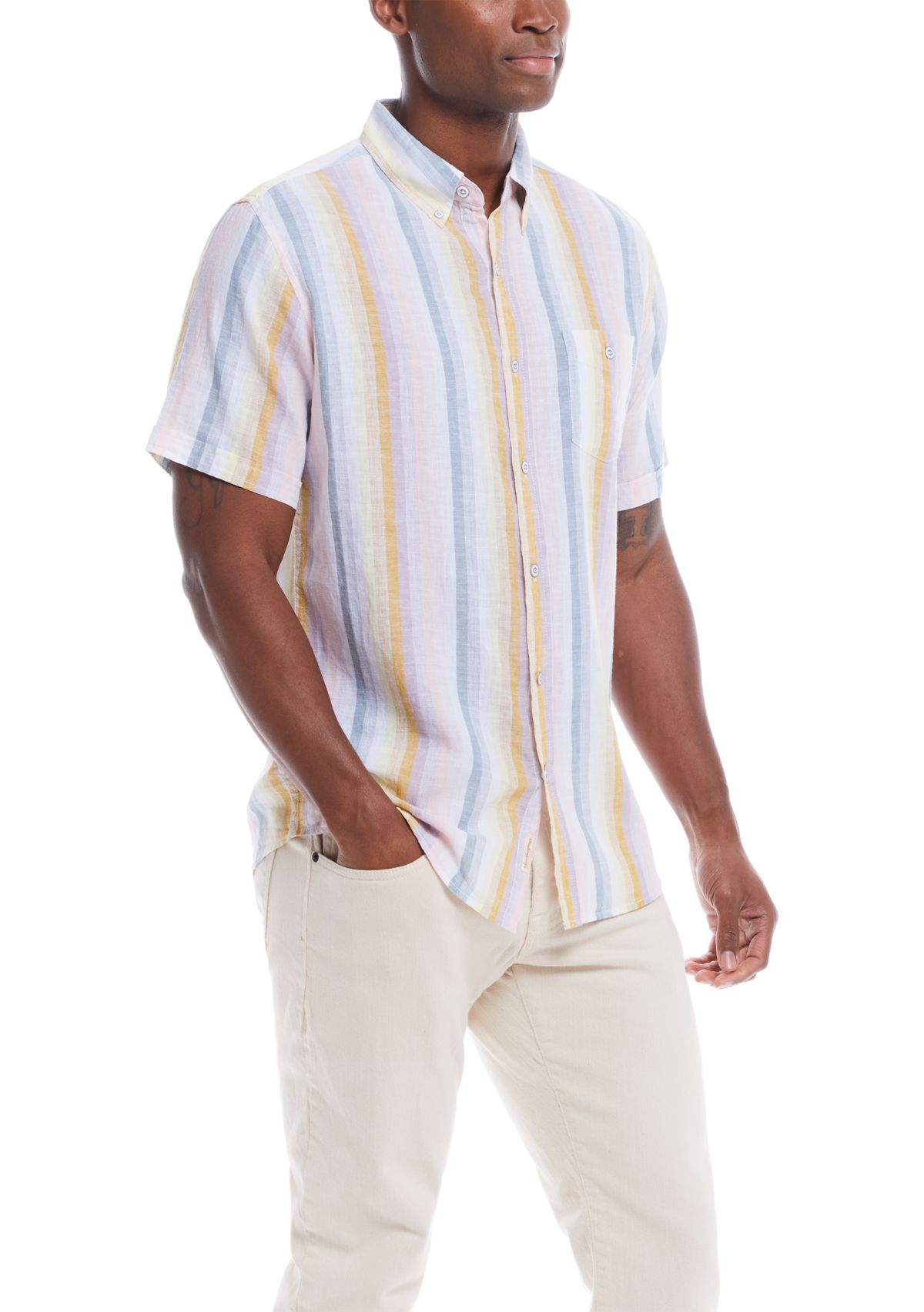 Mens Short Sleeve Linen Cotton Striped Shirt