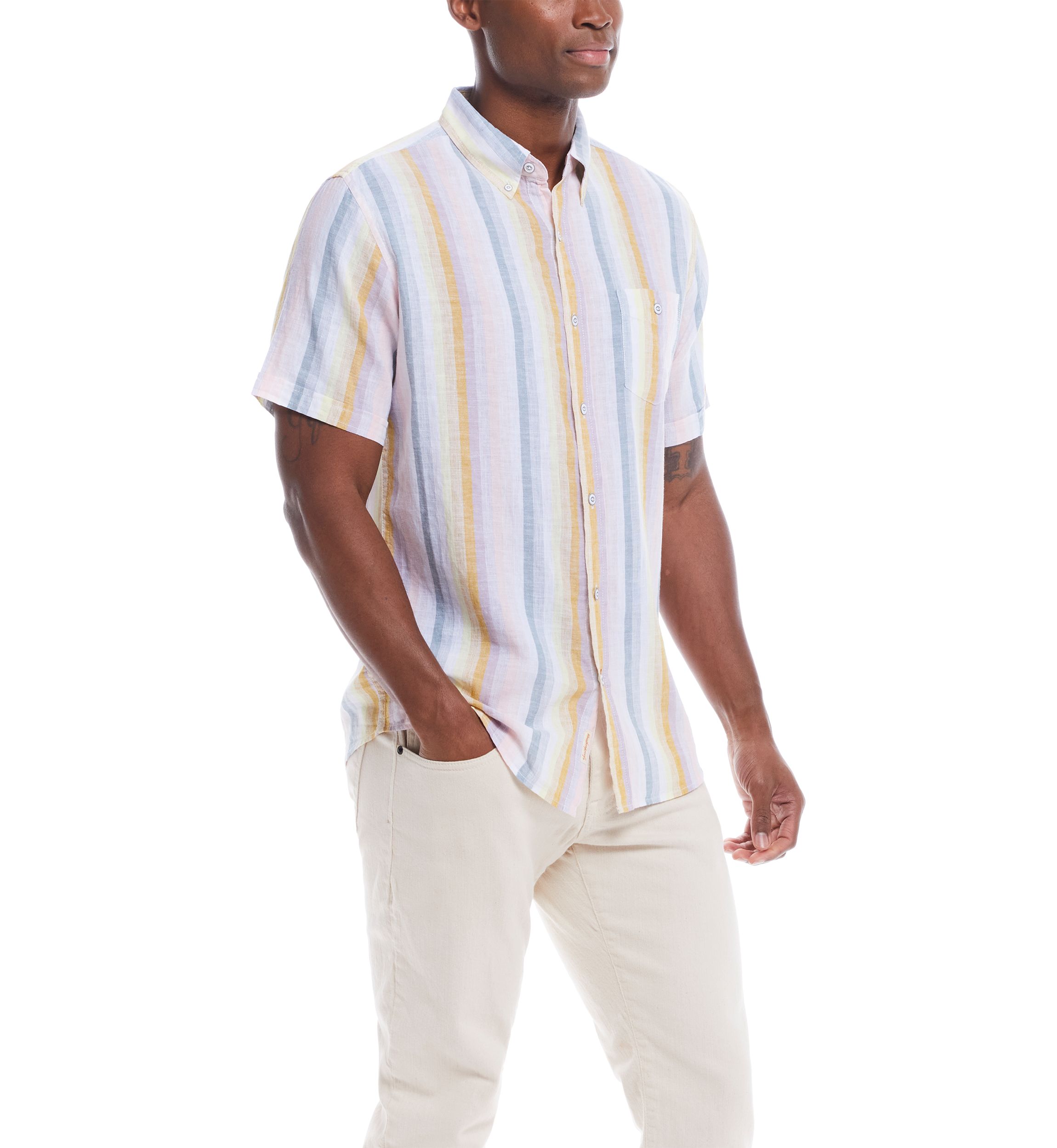 Mens Short Sleeve Linen Cotton Striped Shirt