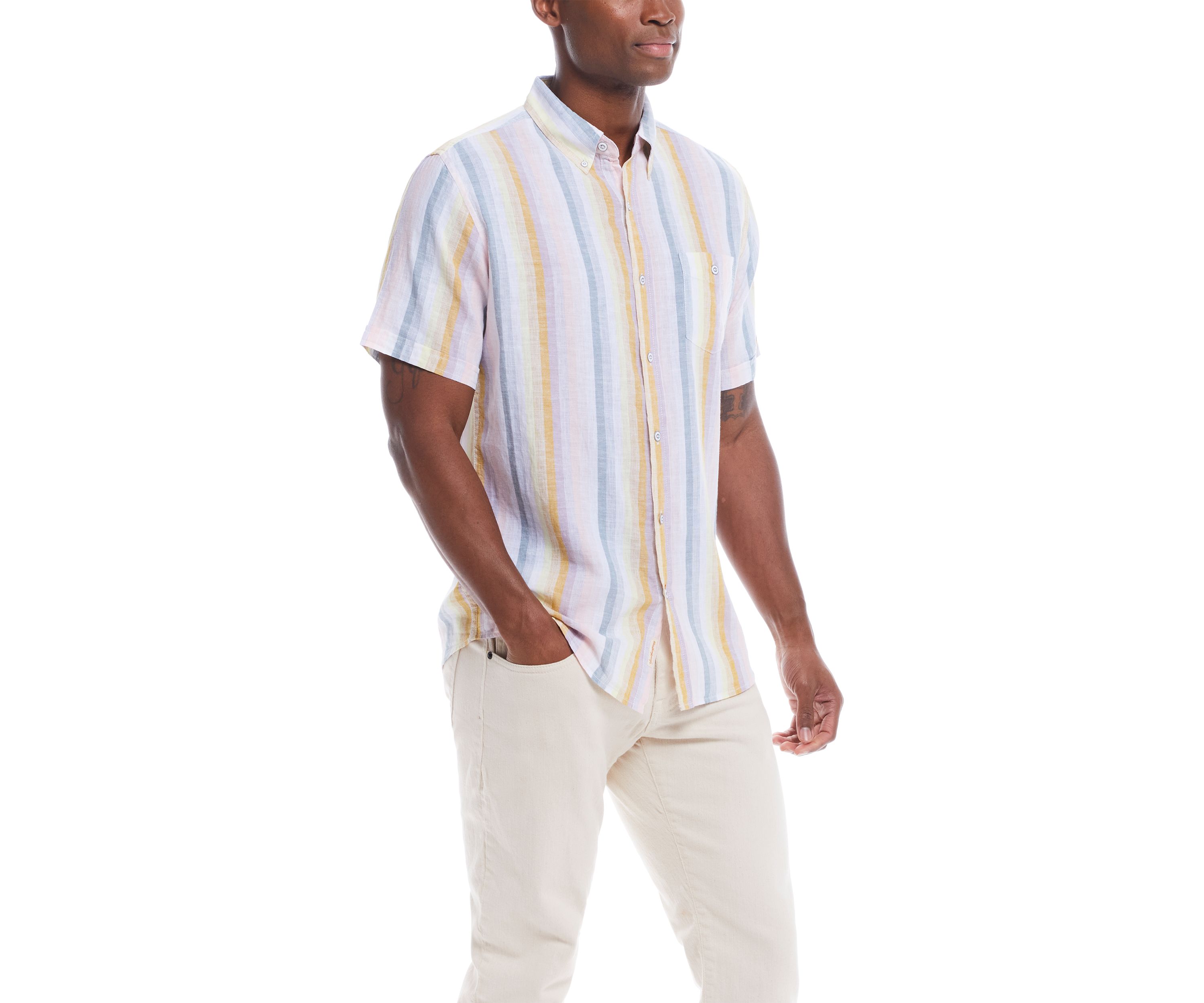 Mens Short Sleeve Linen Cotton Striped Shirt