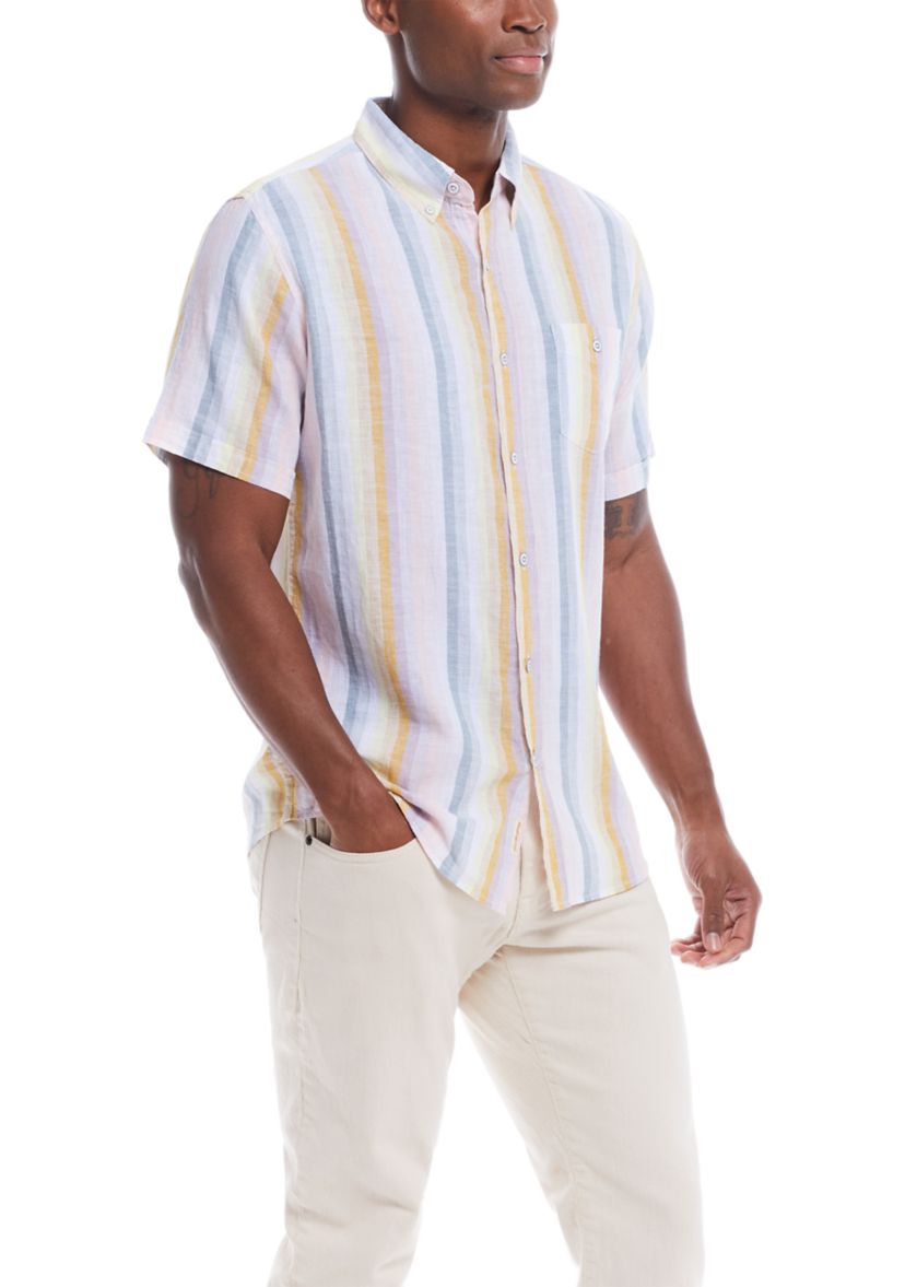 Mens Short Sleeve Linen Cotton Striped Shirt