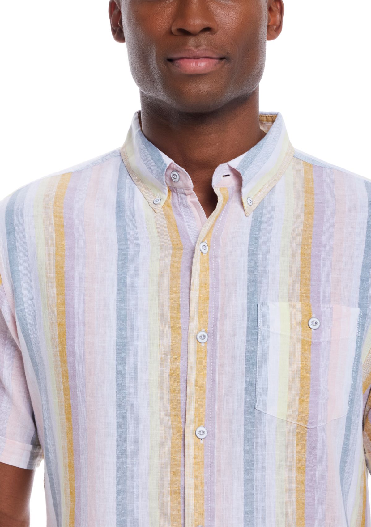 Mens Short Sleeve Linen Cotton Striped Shirt