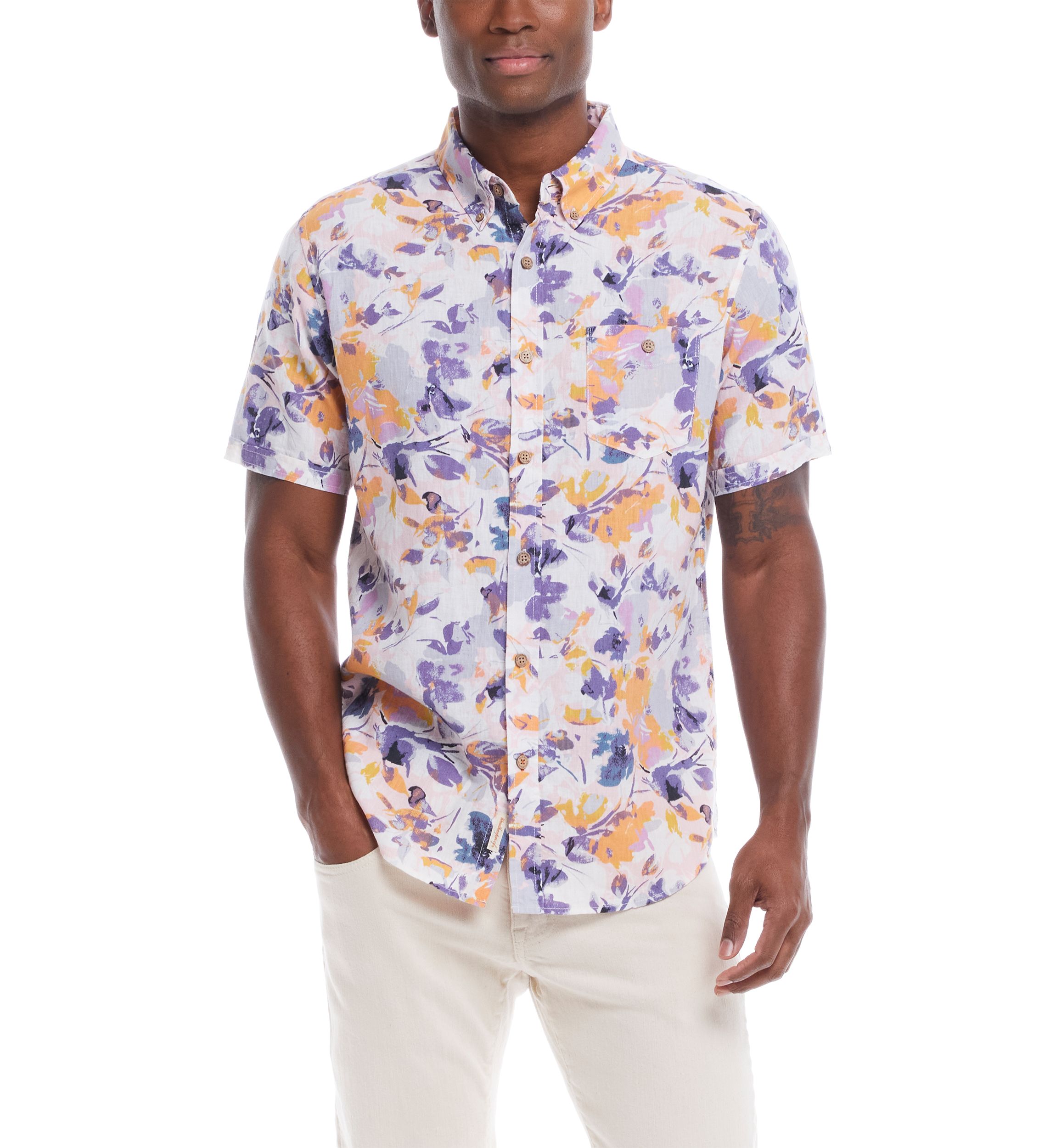 Mens Short Sleeve Patterned Linen Cotton Shirt 
