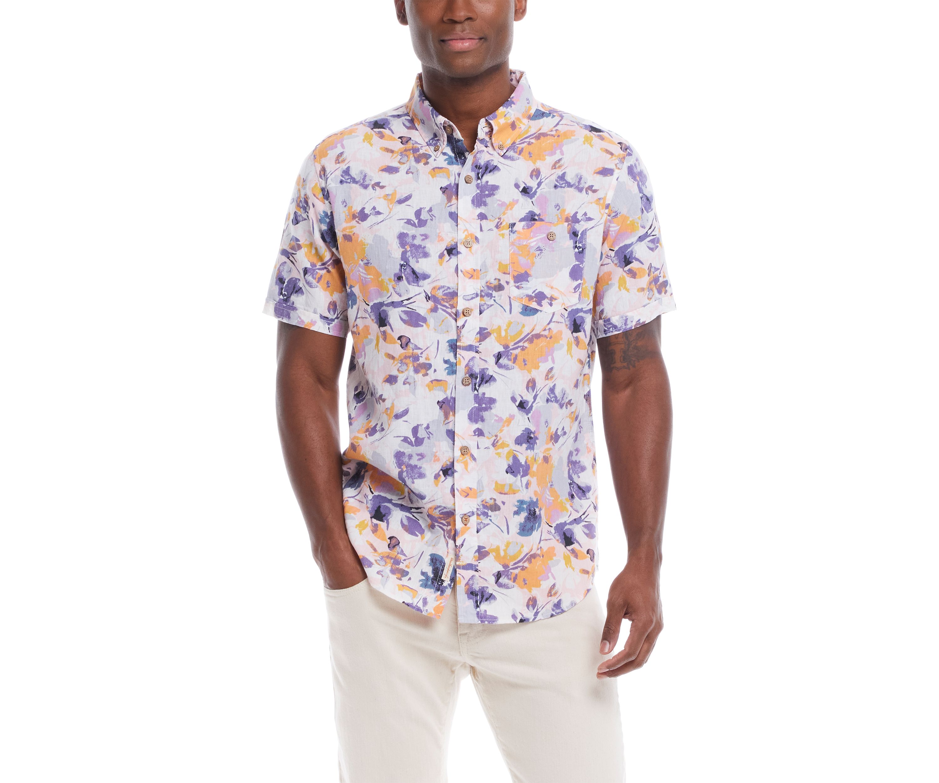 Mens Short Sleeve Patterned Linen Cotton Shirt 