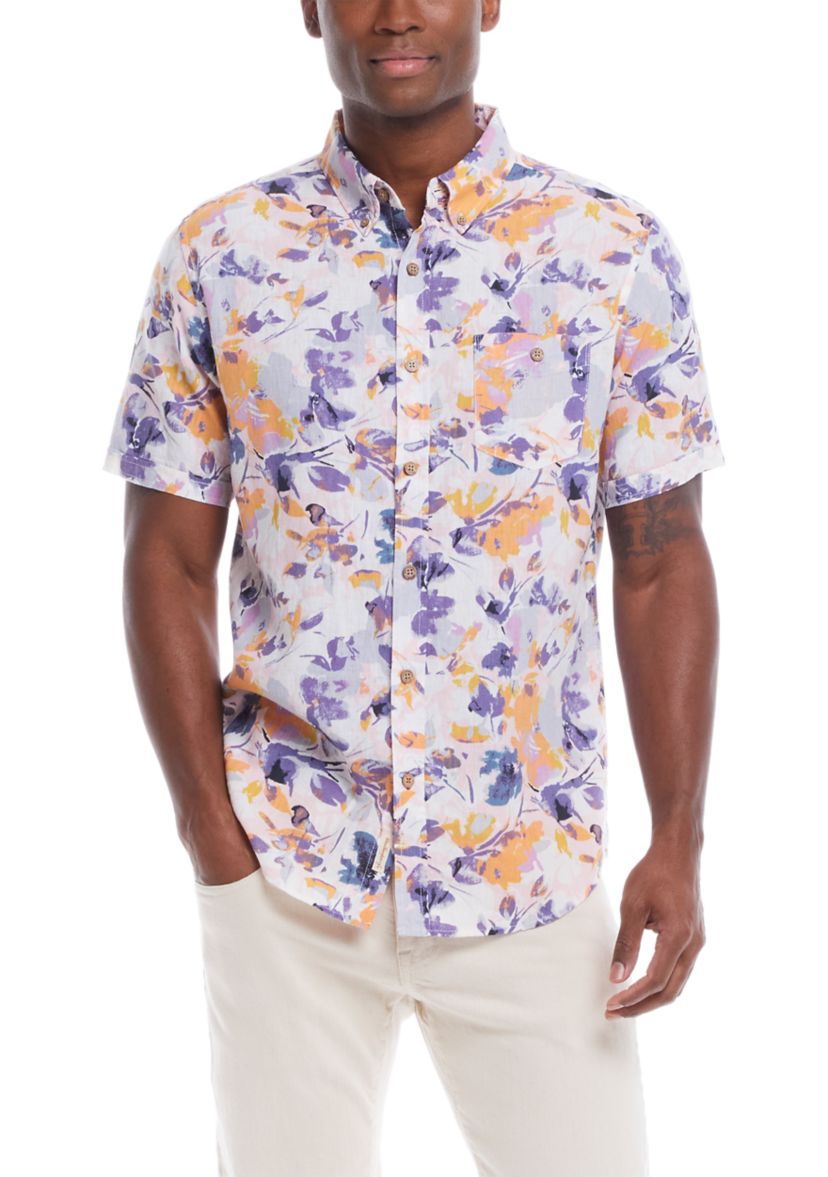 Mens Short Sleeve Patterned Linen Cotton Shirt 