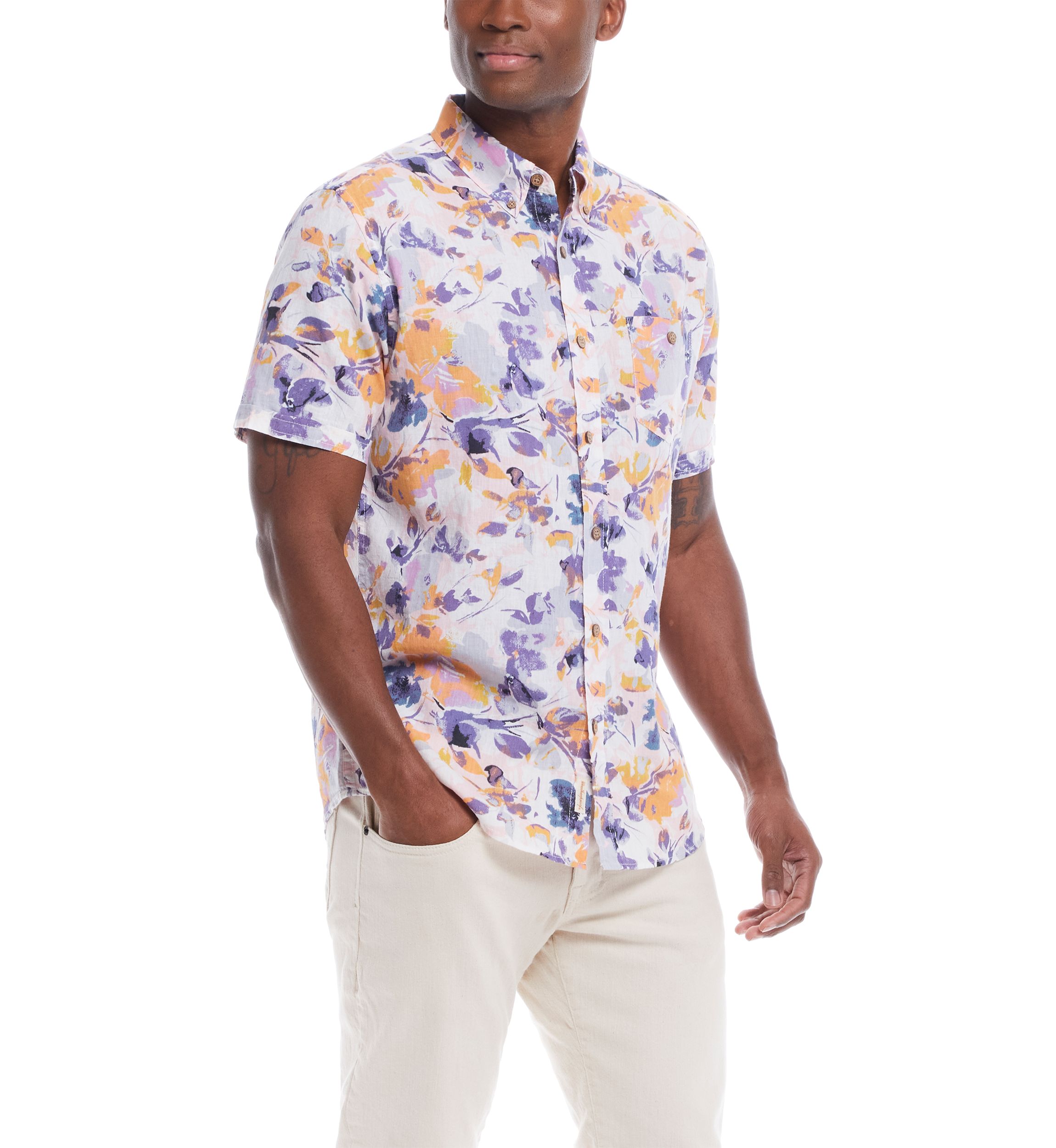 Mens Short Sleeve Patterned Linen Cotton Shirt 