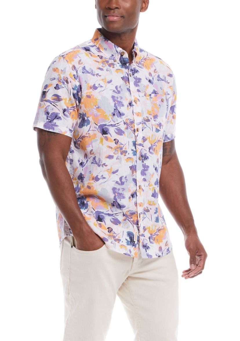 Mens Short Sleeve Patterned Linen Cotton Shirt 