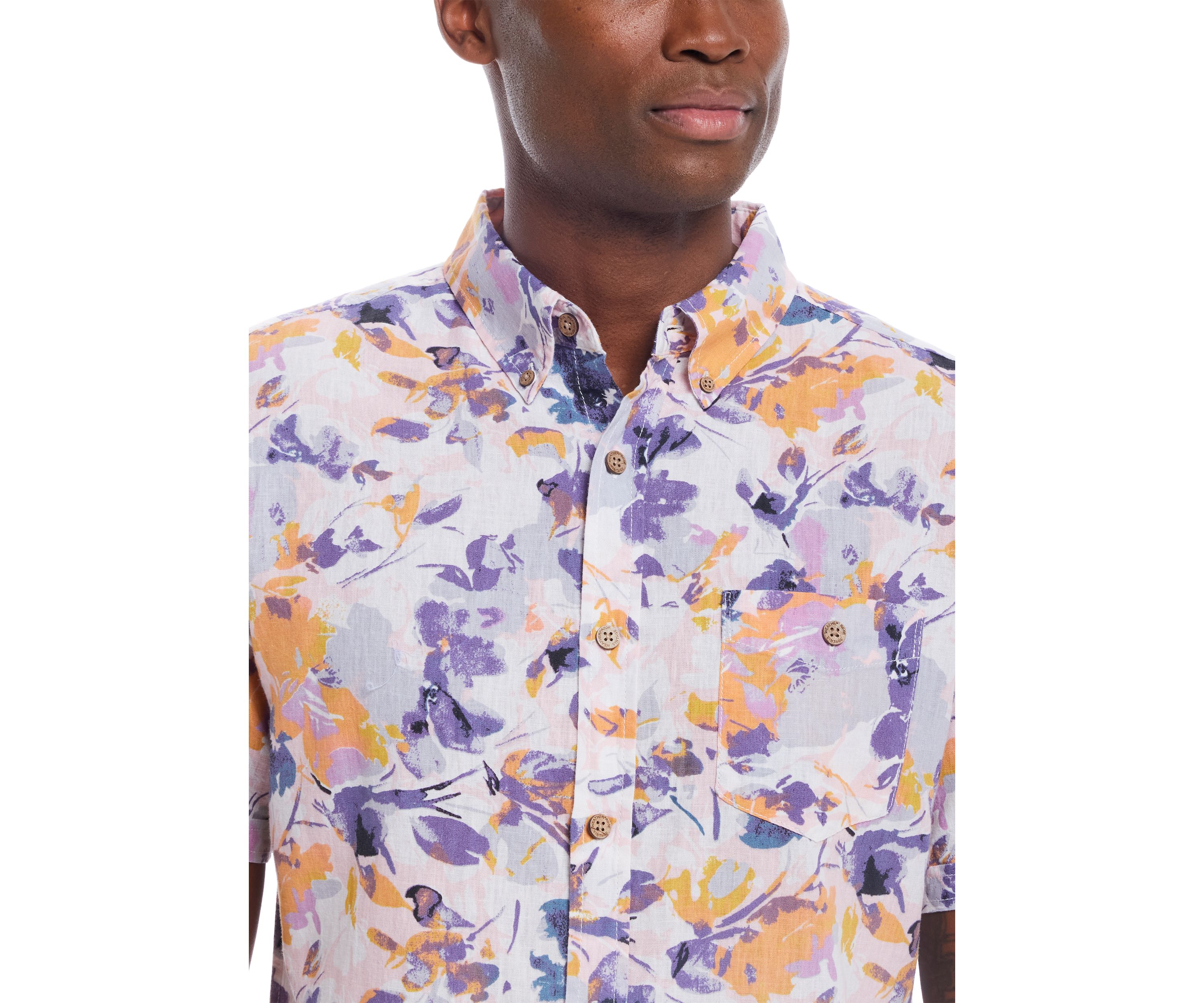 Mens Short Sleeve Patterned Linen Cotton Shirt 