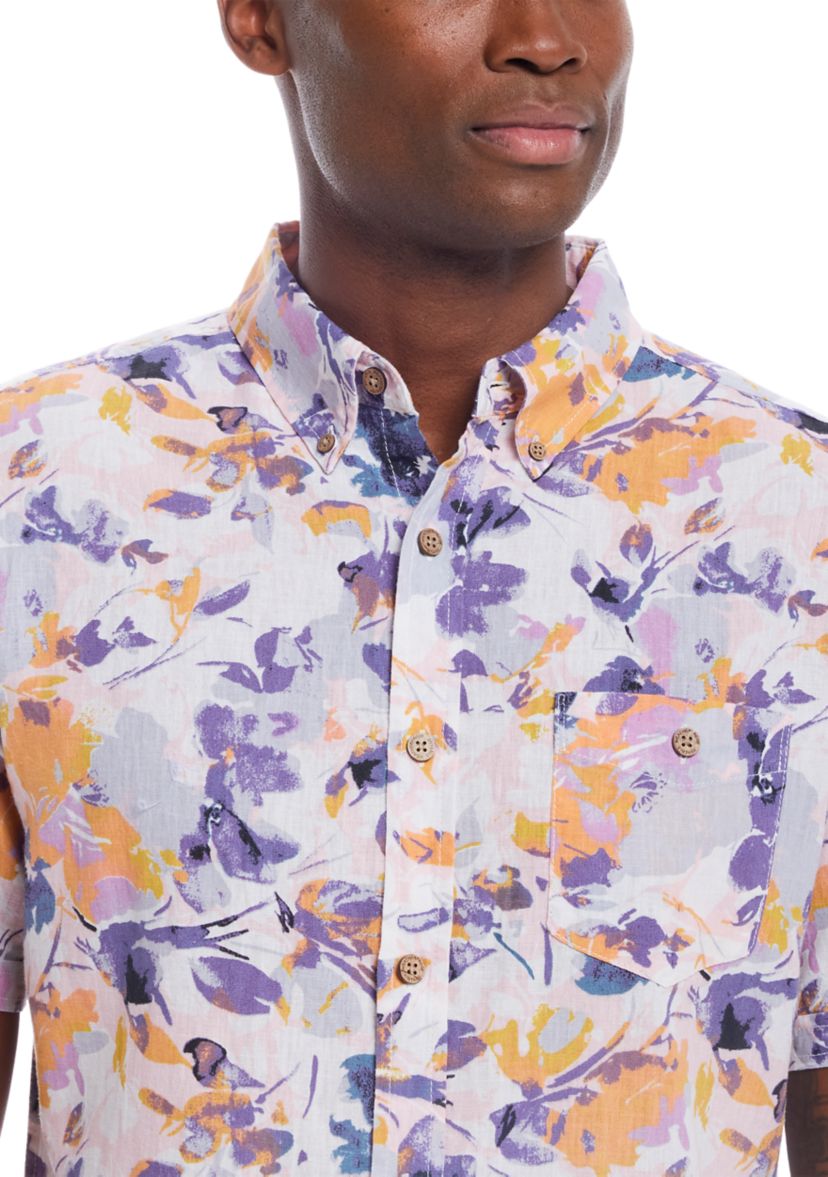 Mens Short Sleeve Patterned Linen Cotton Shirt 