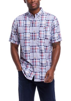 Weatherproof Vintage Men's Cotton Patchwork Plaid Printed Button Down Shirt, Blue, Medium