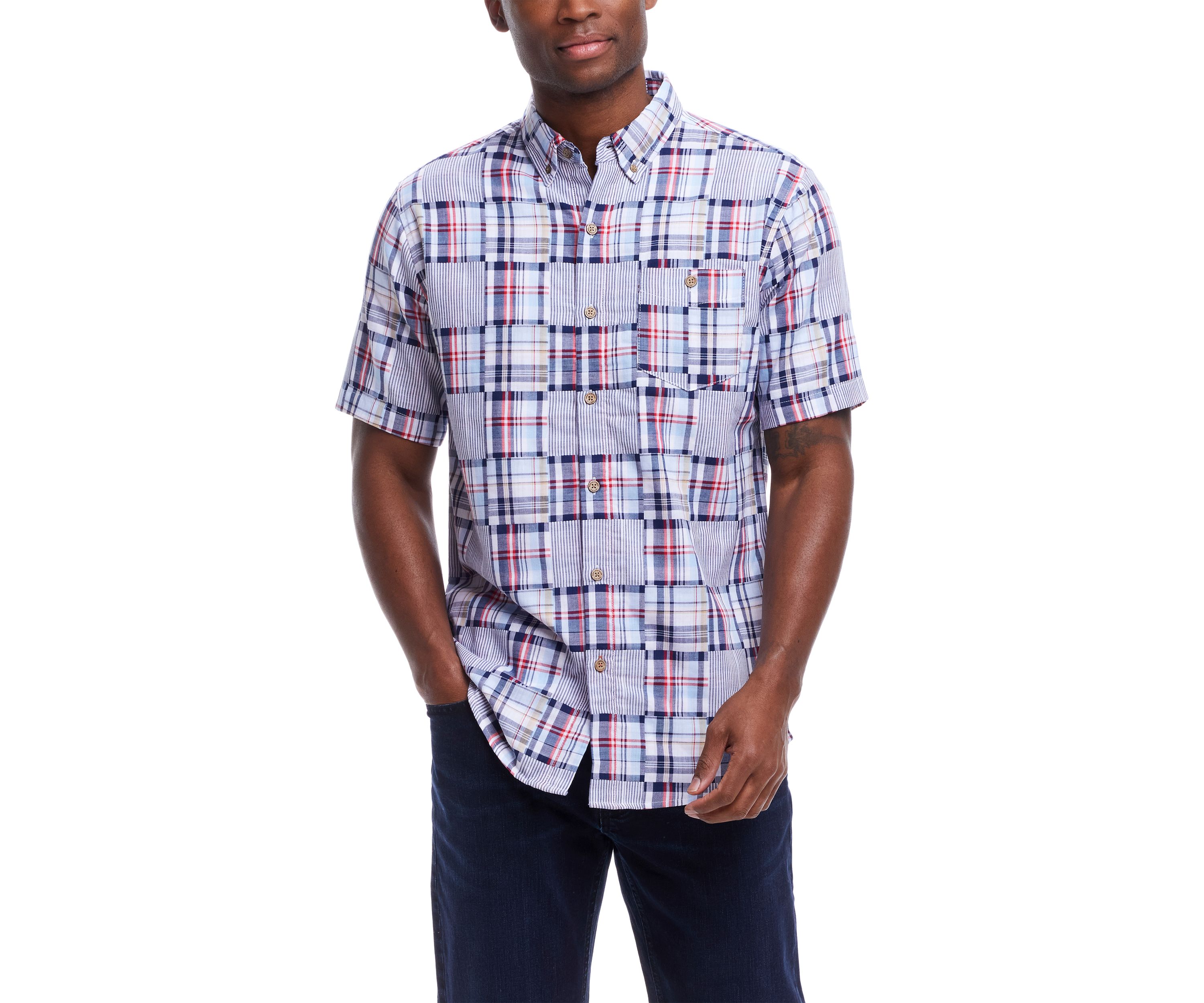 Mens Cotton Patchwork Plaid Printed Button Down Shirt