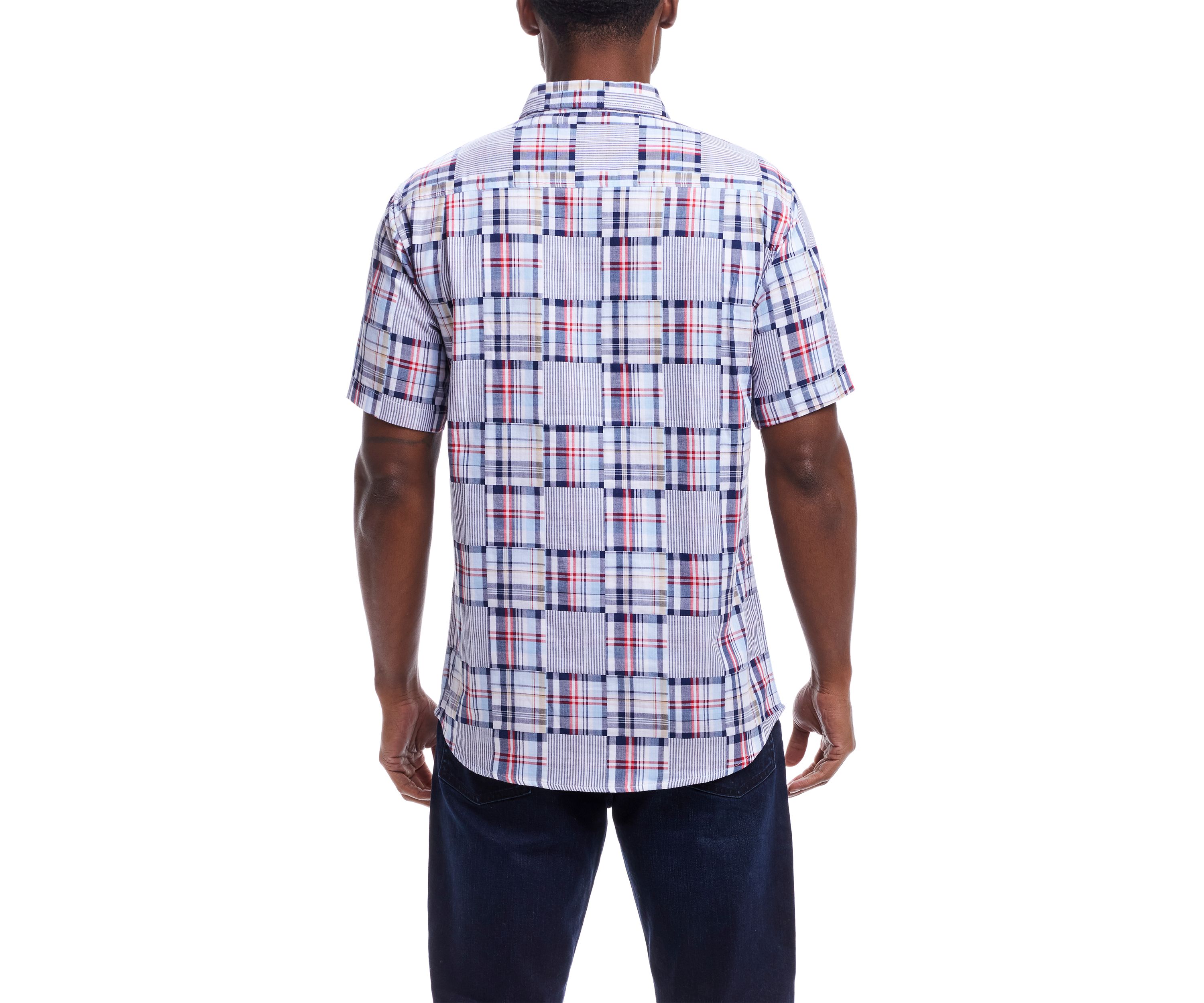 Mens Cotton Patchwork Plaid Printed Button Down Shirt