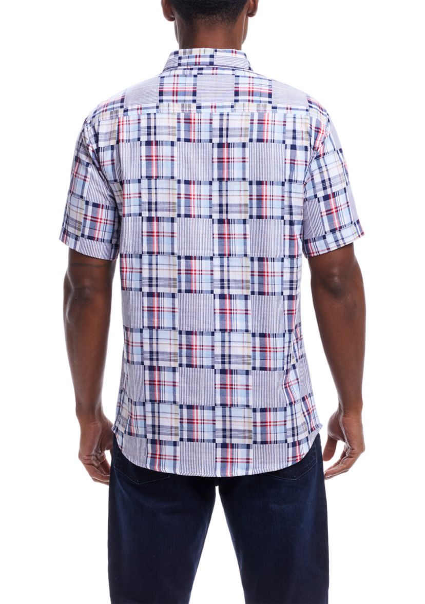 Mens Cotton Patchwork Plaid Printed Button Down Shirt