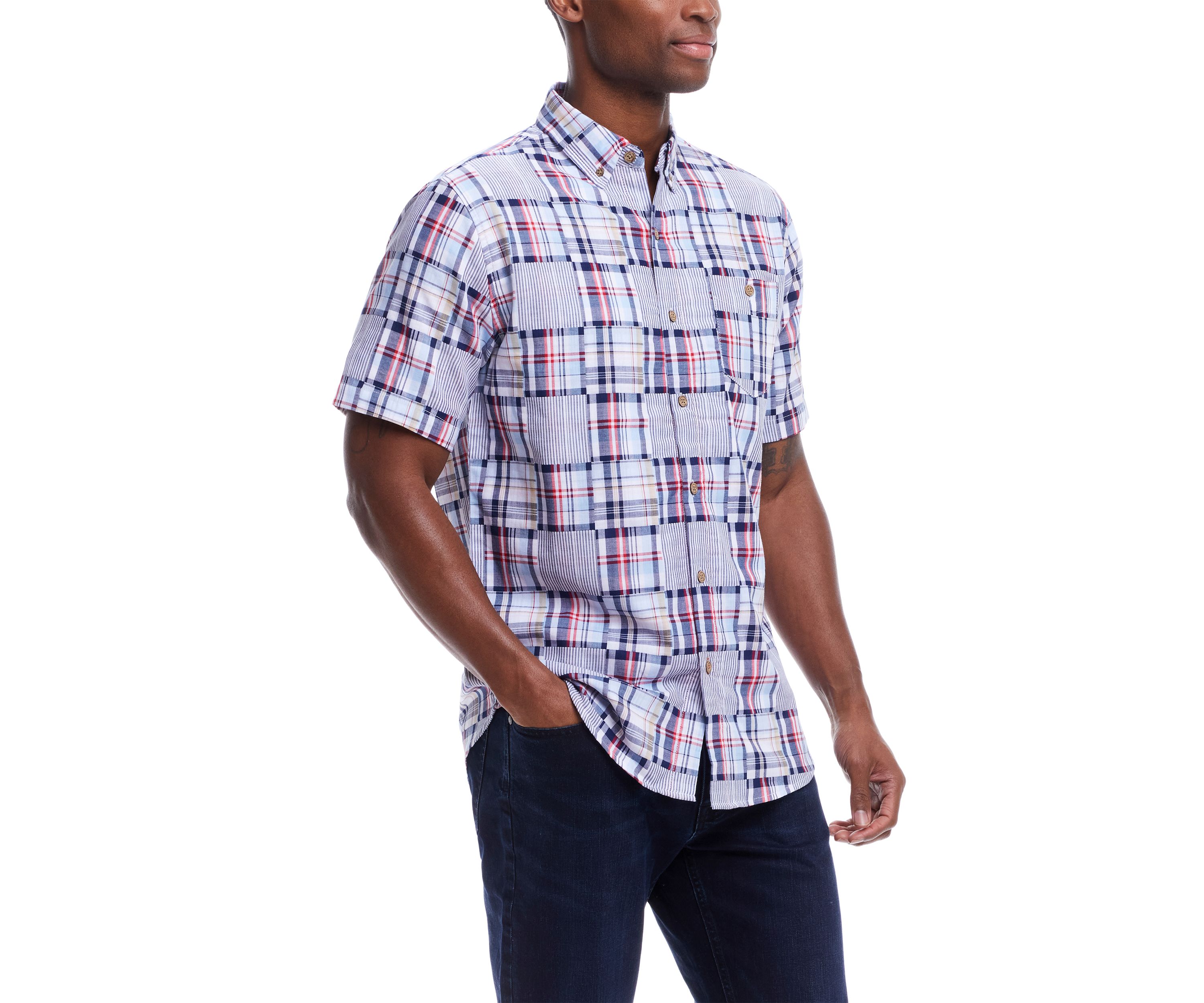 Mens Cotton Patchwork Plaid Printed Button Down Shirt