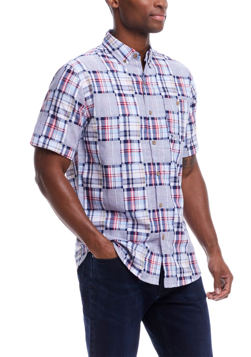 Mens Cotton Patchwork Plaid Printed Button Down Shirt