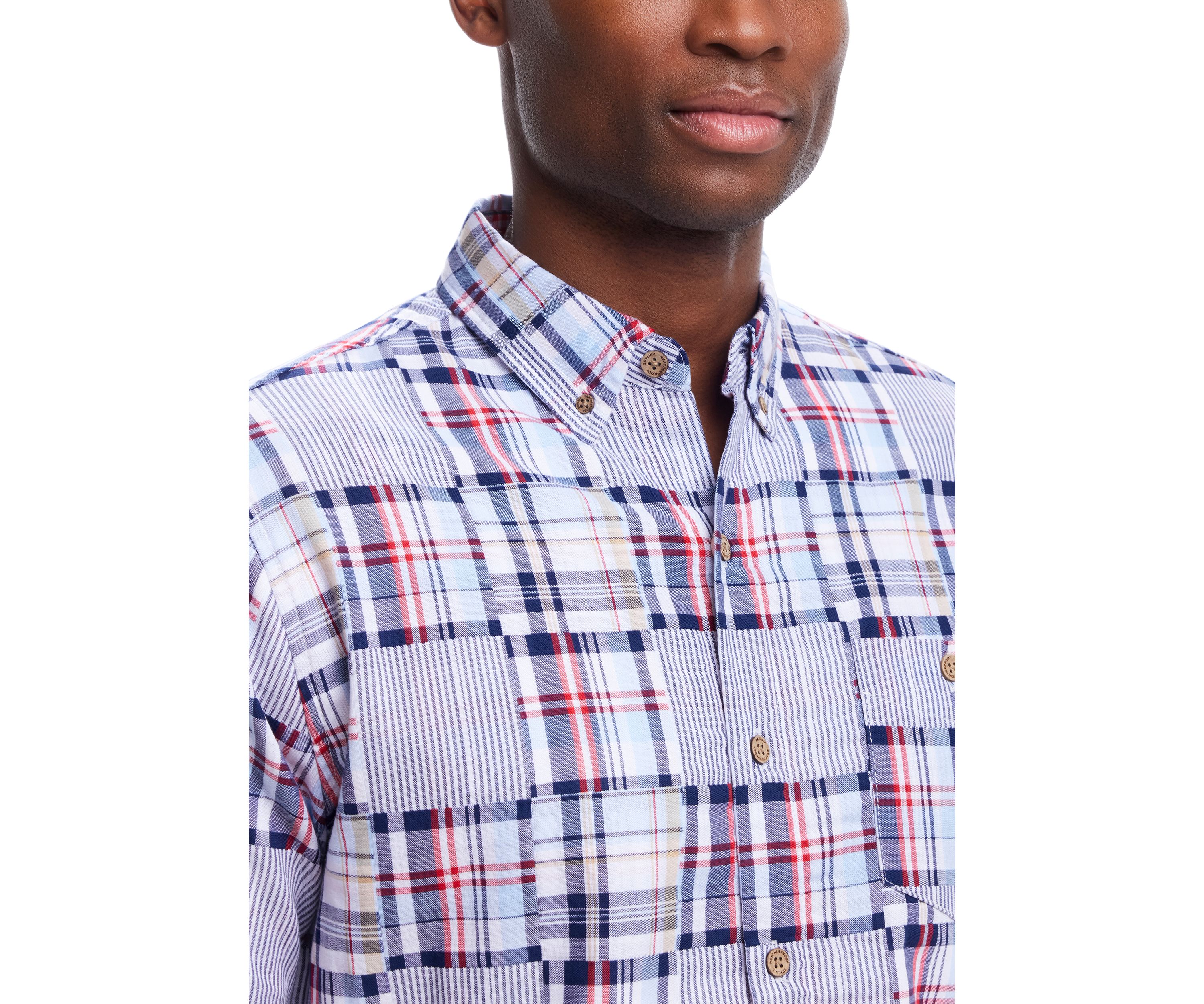 Mens Cotton Patchwork Plaid Printed Button Down Shirt