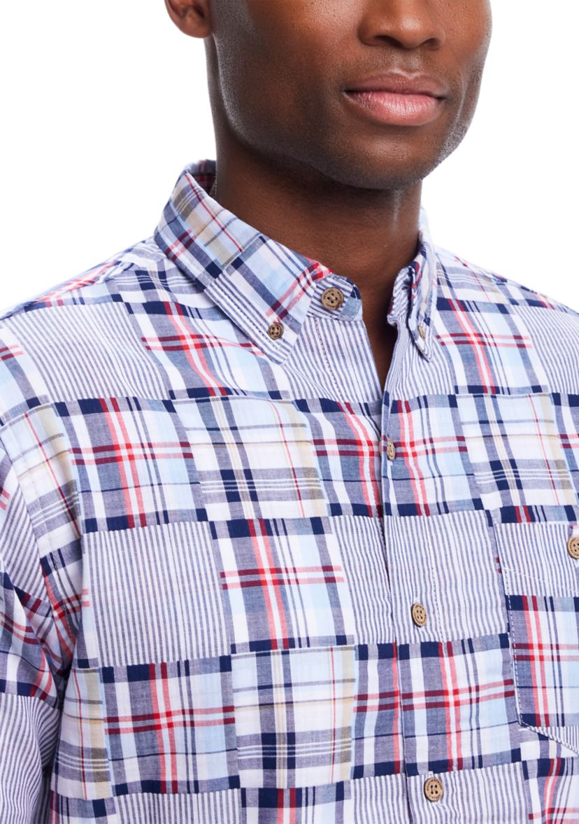 Mens Cotton Patchwork Plaid Printed Button Down Shirt