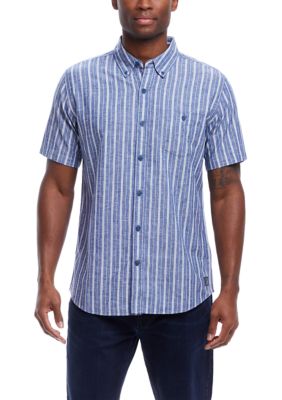 Weatherproof Vintage Men's Striped Cotton Short Sleeve Button Down Shirt, Blue, Medium