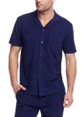 Weatherproof Vintage Men's Jacquard Terry Coatfront Knit Shirt, Navy Blue, XL
