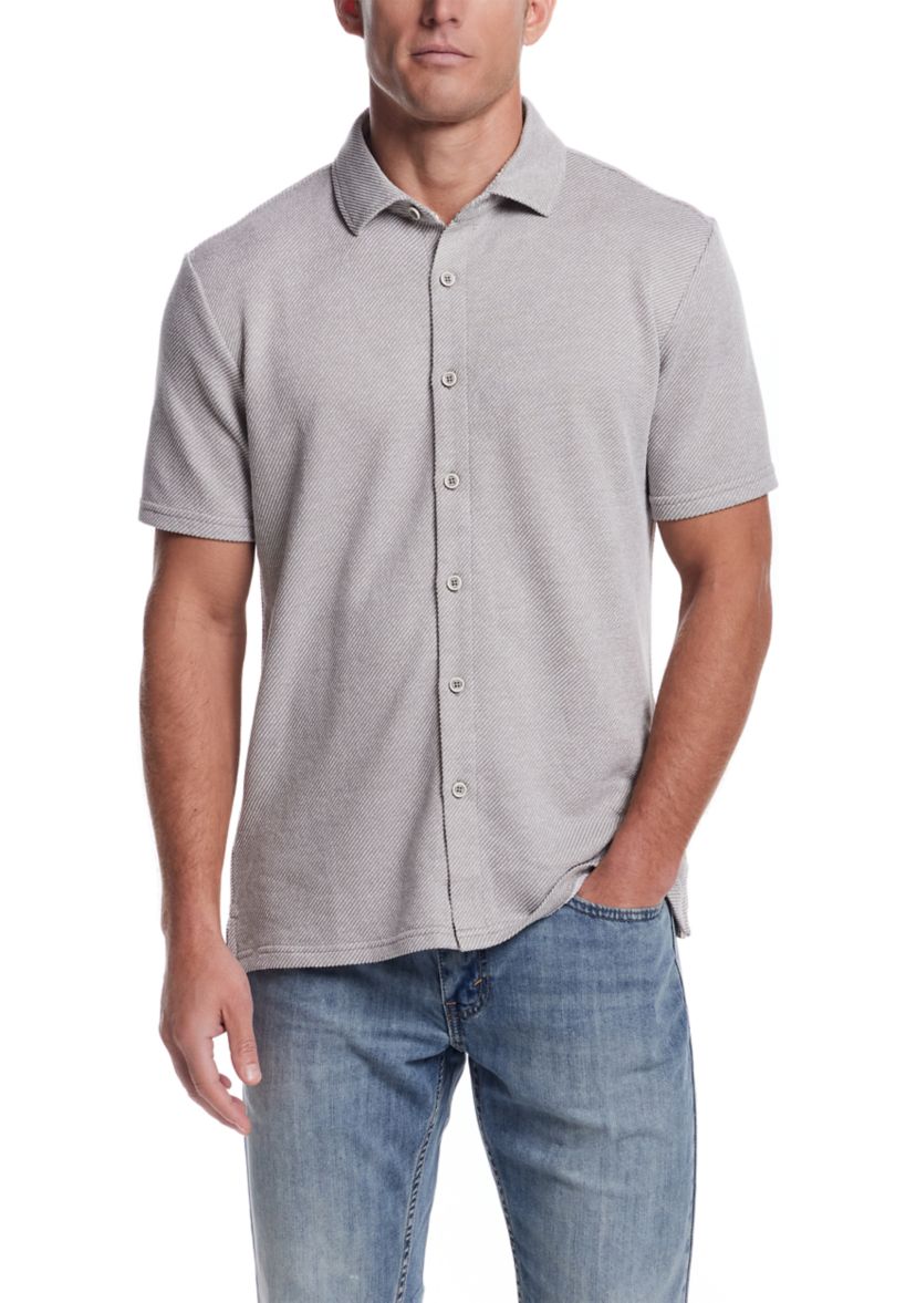 Mens Short Sleeve Twill Terry Coat Front Knit Shirt 