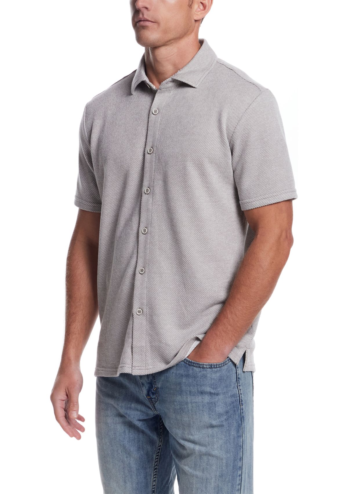 Mens Short Sleeve Twill Terry Coat Front Knit Shirt 