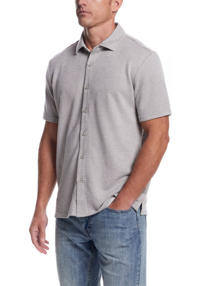 Mens Short Sleeve Twill Terry Coat Front Knit Shirt 