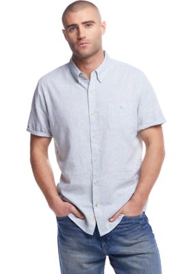 Weatherproof Vintage Men's Short Sleeve Linen Cotton Button Down Shirt, Green, Medium