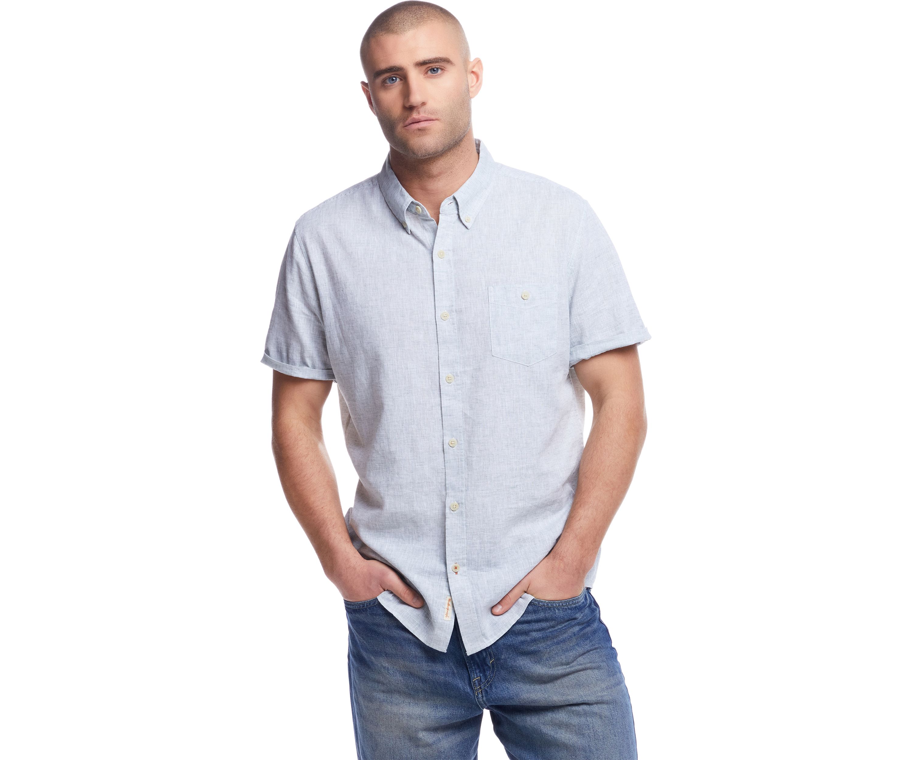 Mens Short Sleeve Linen Cotton Button Down Shirt