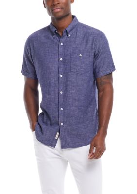 Weatherproof Vintage Men's Short Sleeve Linen Cotton Button Down Shirt, Medium