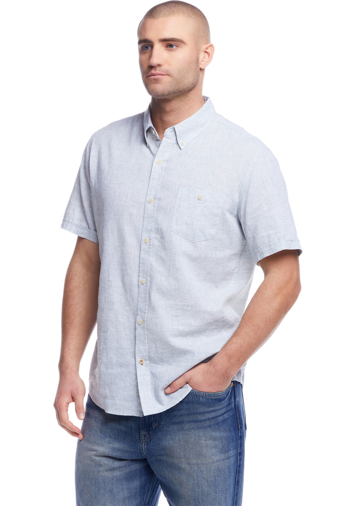 Mens Short Sleeve Linen Cotton Button Down Shirt