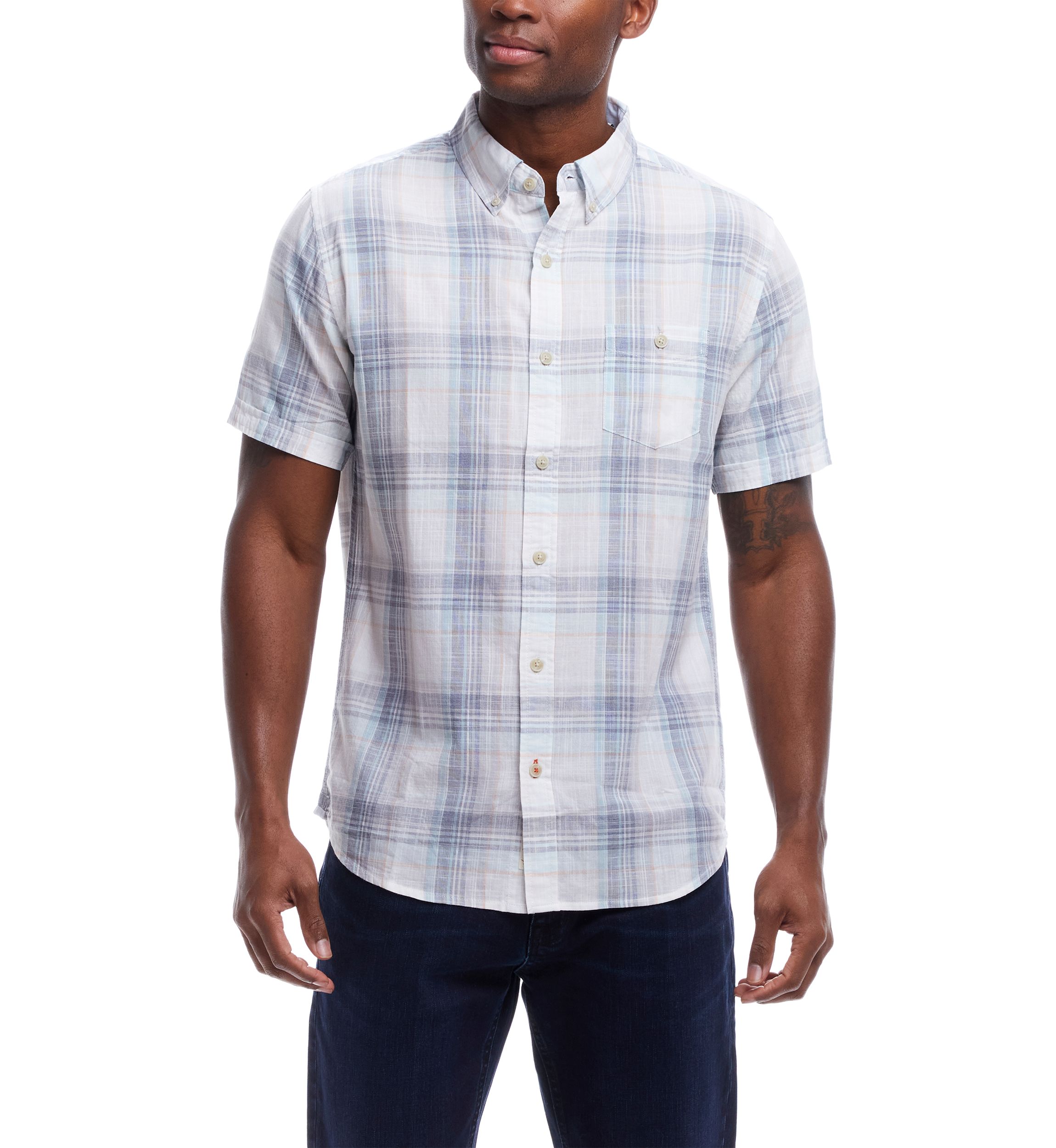 Mens Short Sleeve Cotton Plaid Shirt