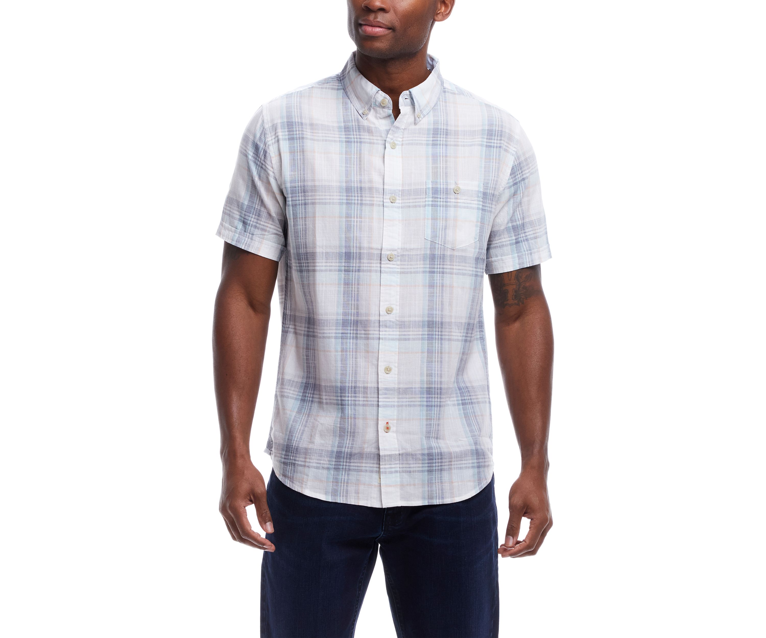 Mens Short Sleeve Cotton Plaid Shirt