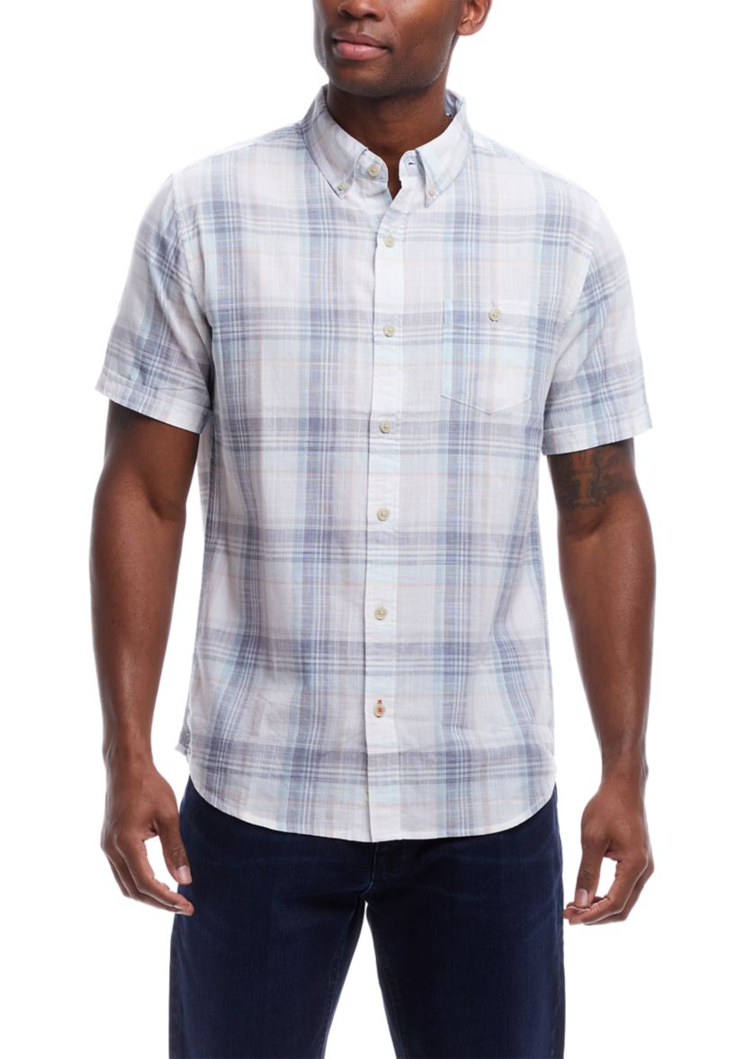 Mens Short Sleeve Cotton Plaid Shirt