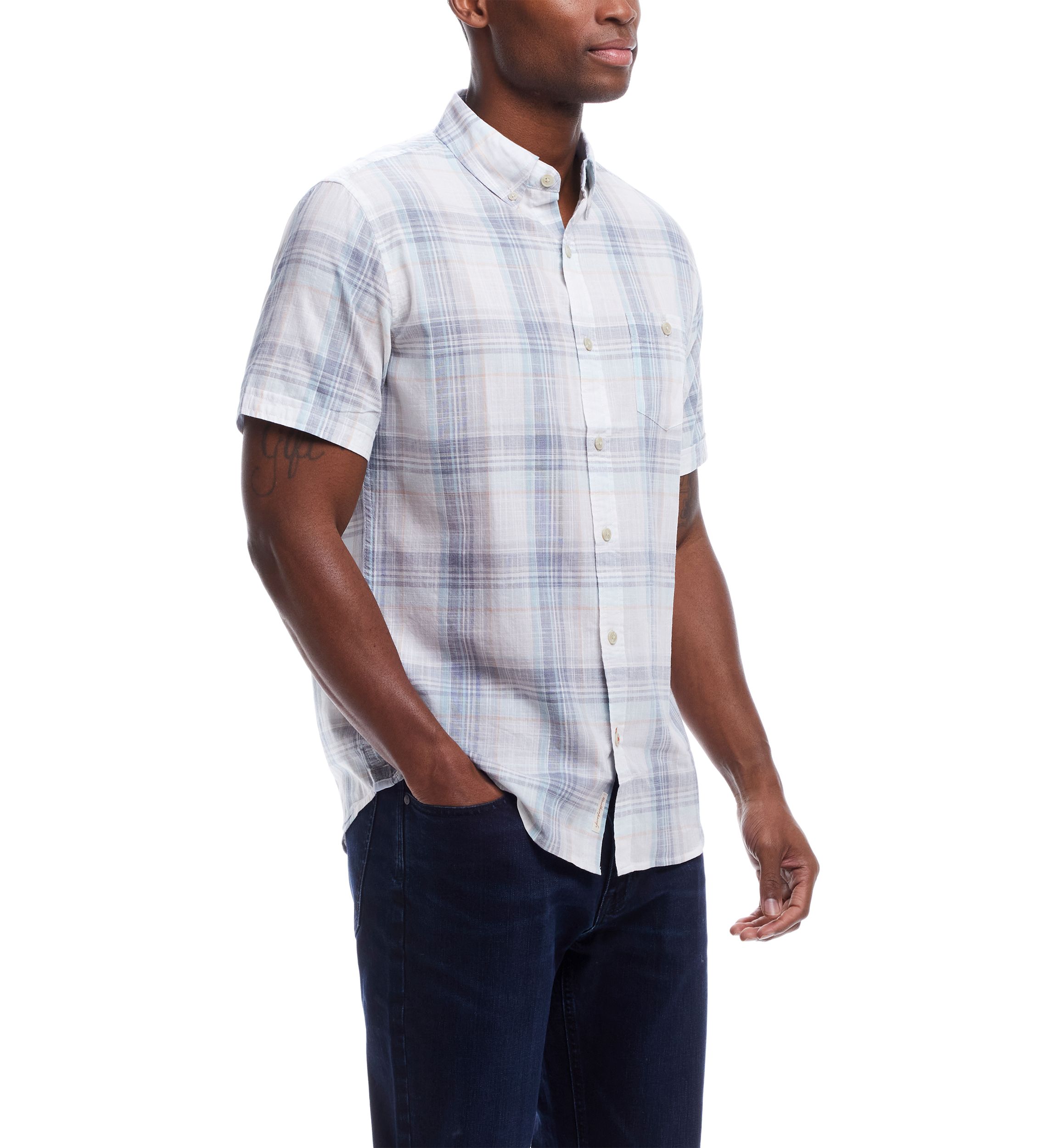 Mens Short Sleeve Cotton Plaid Shirt