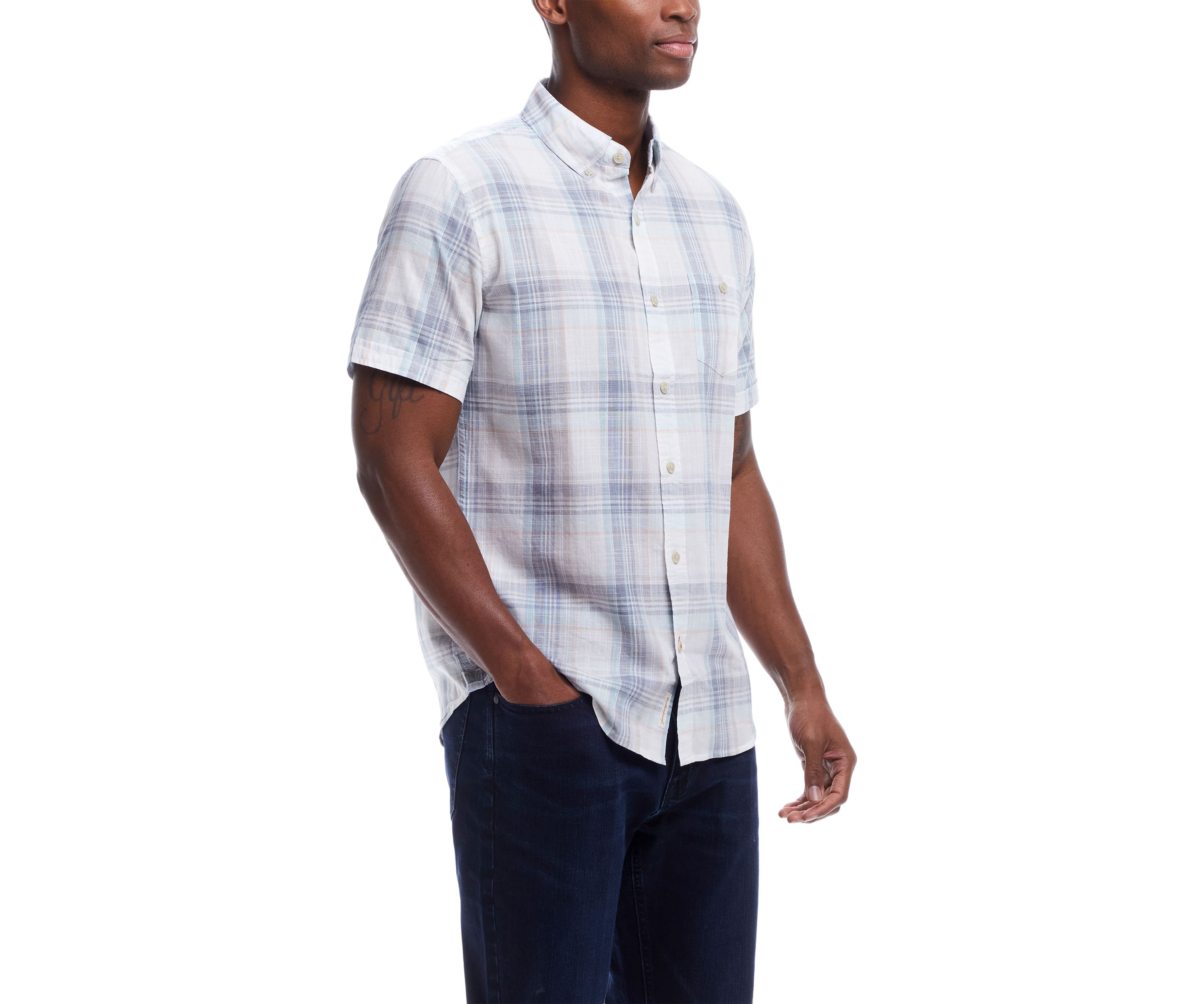 Mens Short Sleeve Cotton Plaid Shirt