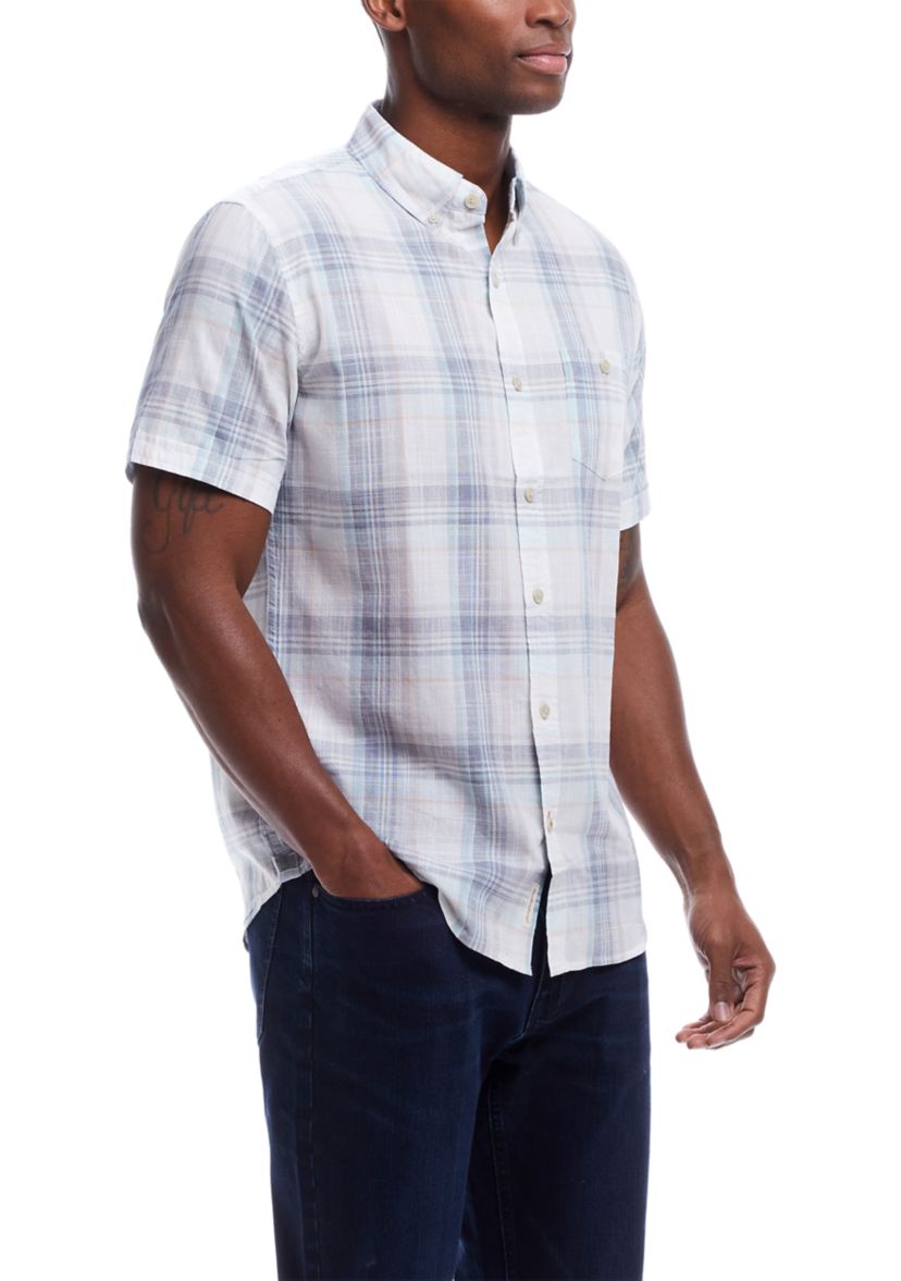 Mens Short Sleeve Cotton Plaid Shirt