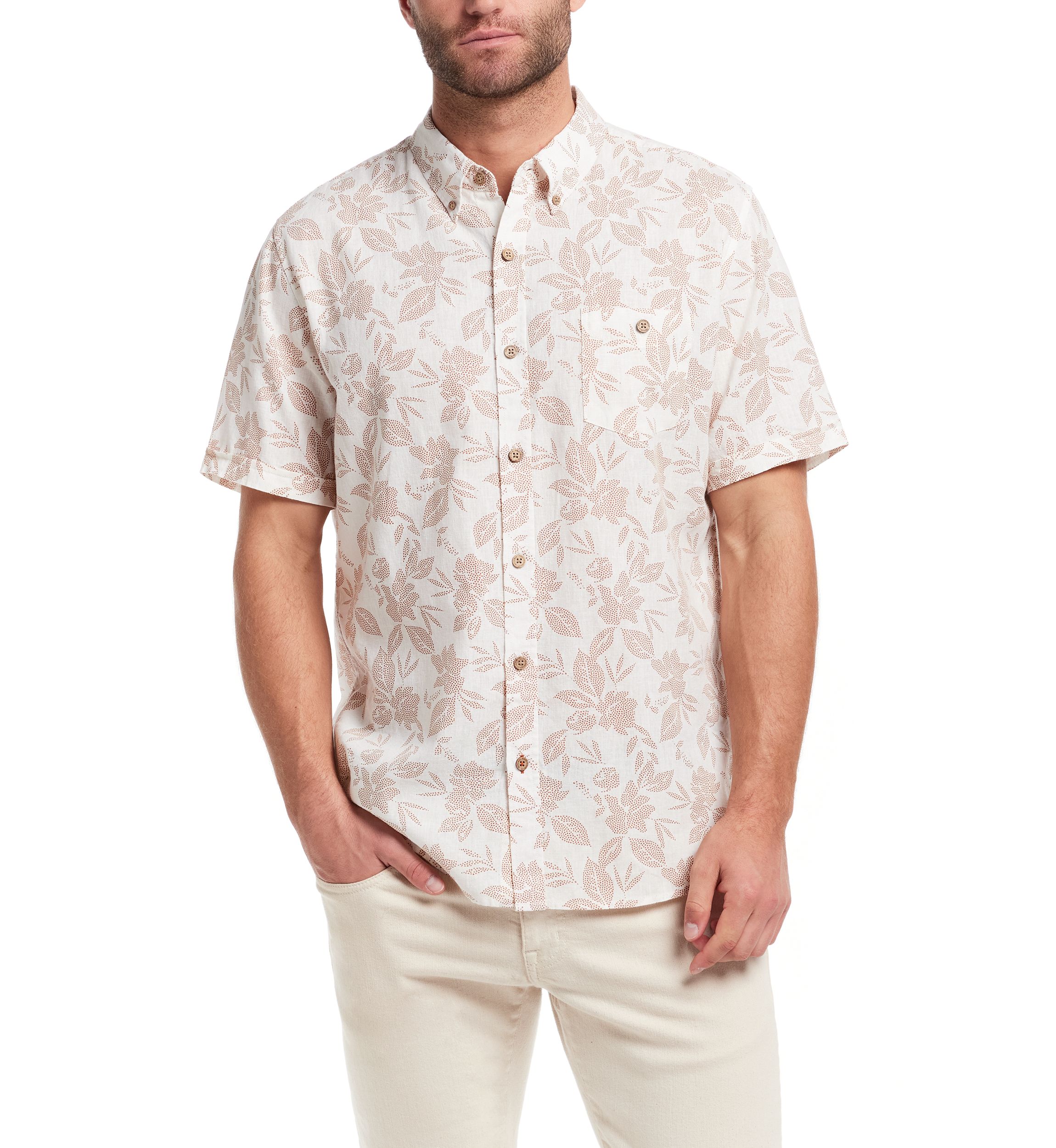 Mens Short Sleeve Linen Cotton Patterned Shirt 