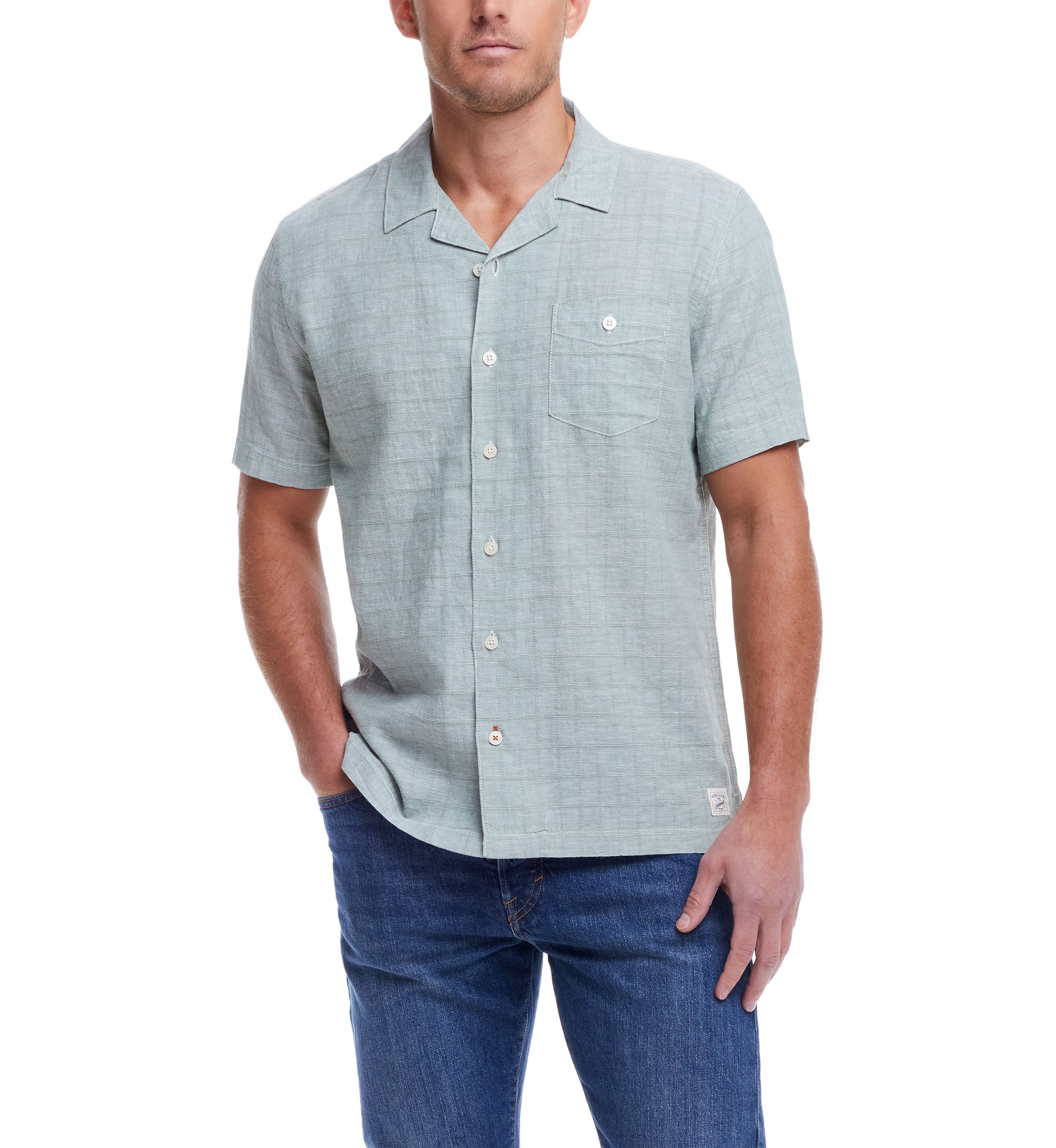 Mens Short Sleeve Linen Cotton Grid Dobby Shirt