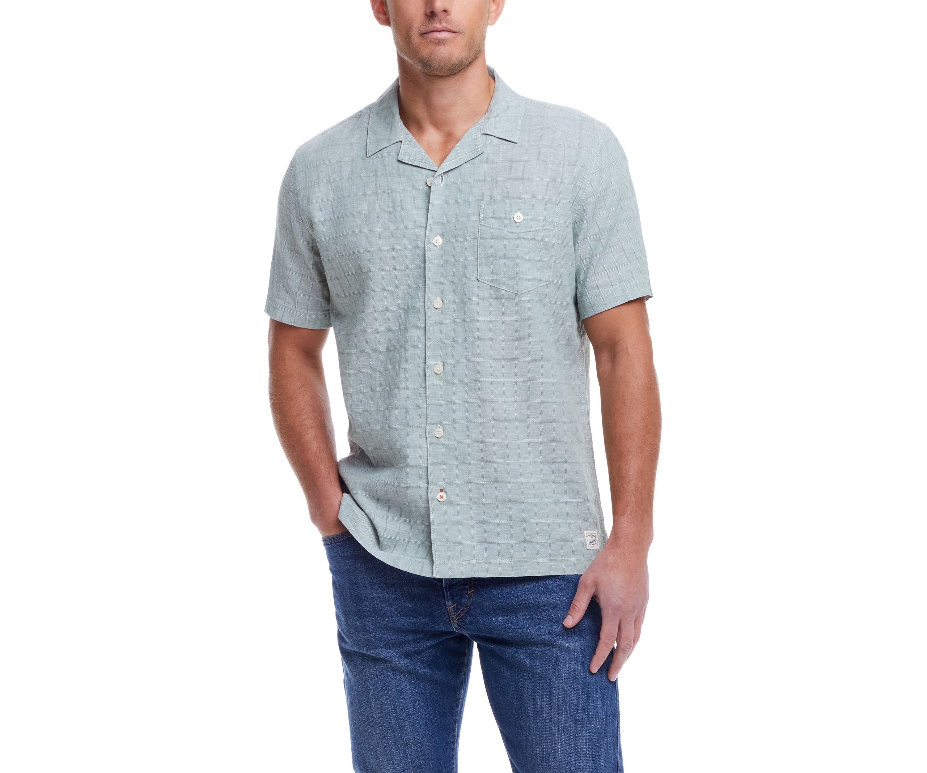 Mens Short Sleeve Linen Cotton Grid Dobby Shirt