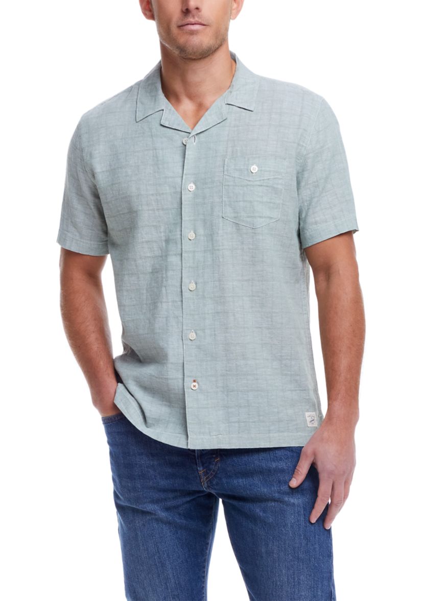 Mens Short Sleeve Linen Cotton Grid Dobby Shirt