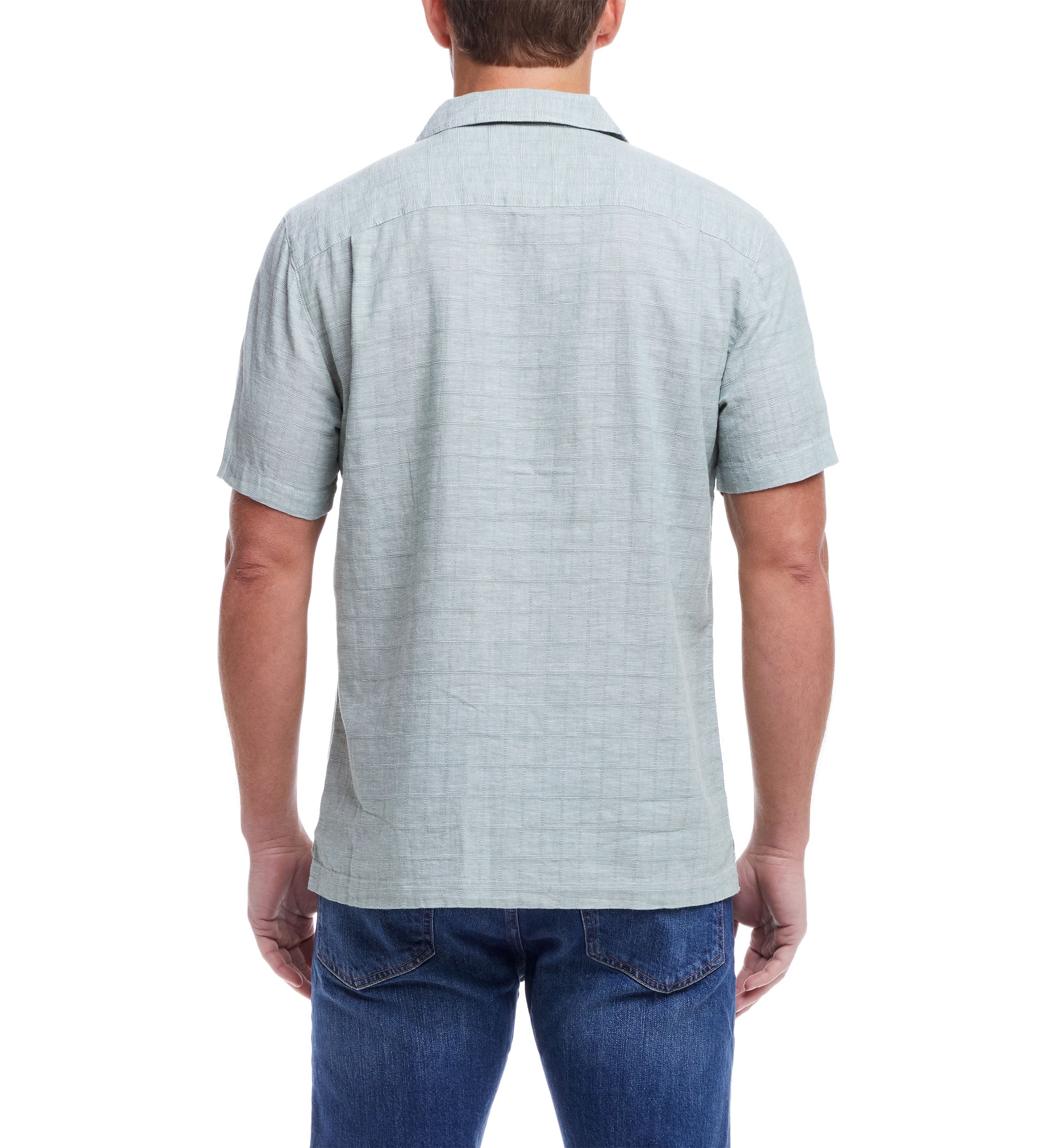 Mens Short Sleeve Linen Cotton Grid Dobby Shirt