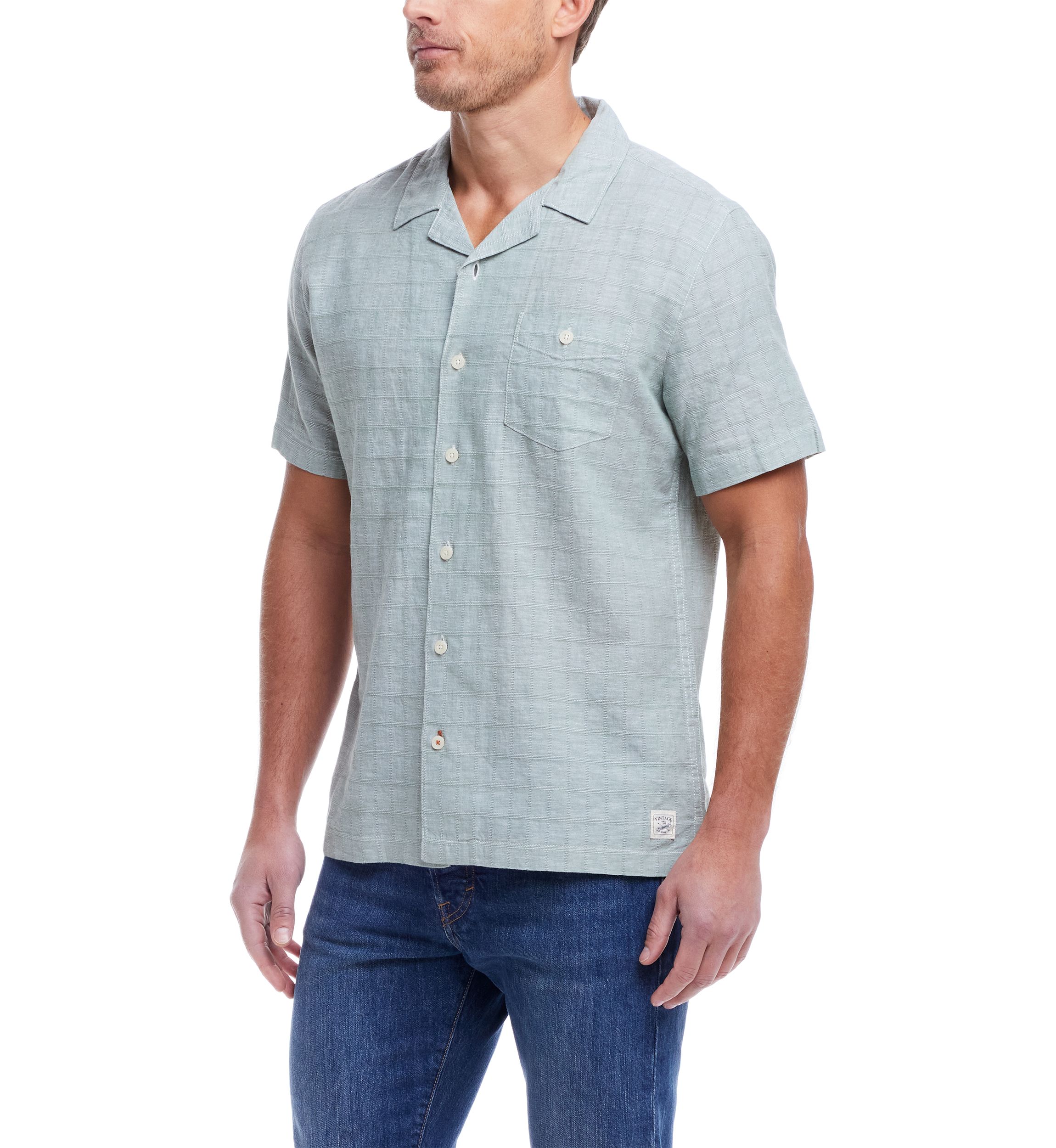 Mens Short Sleeve Linen Cotton Grid Dobby Shirt