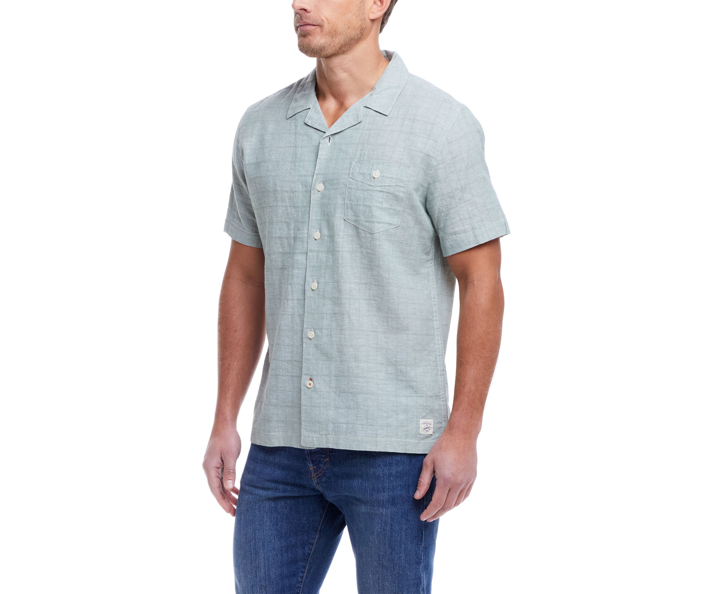 Mens Short Sleeve Linen Cotton Grid Dobby Shirt