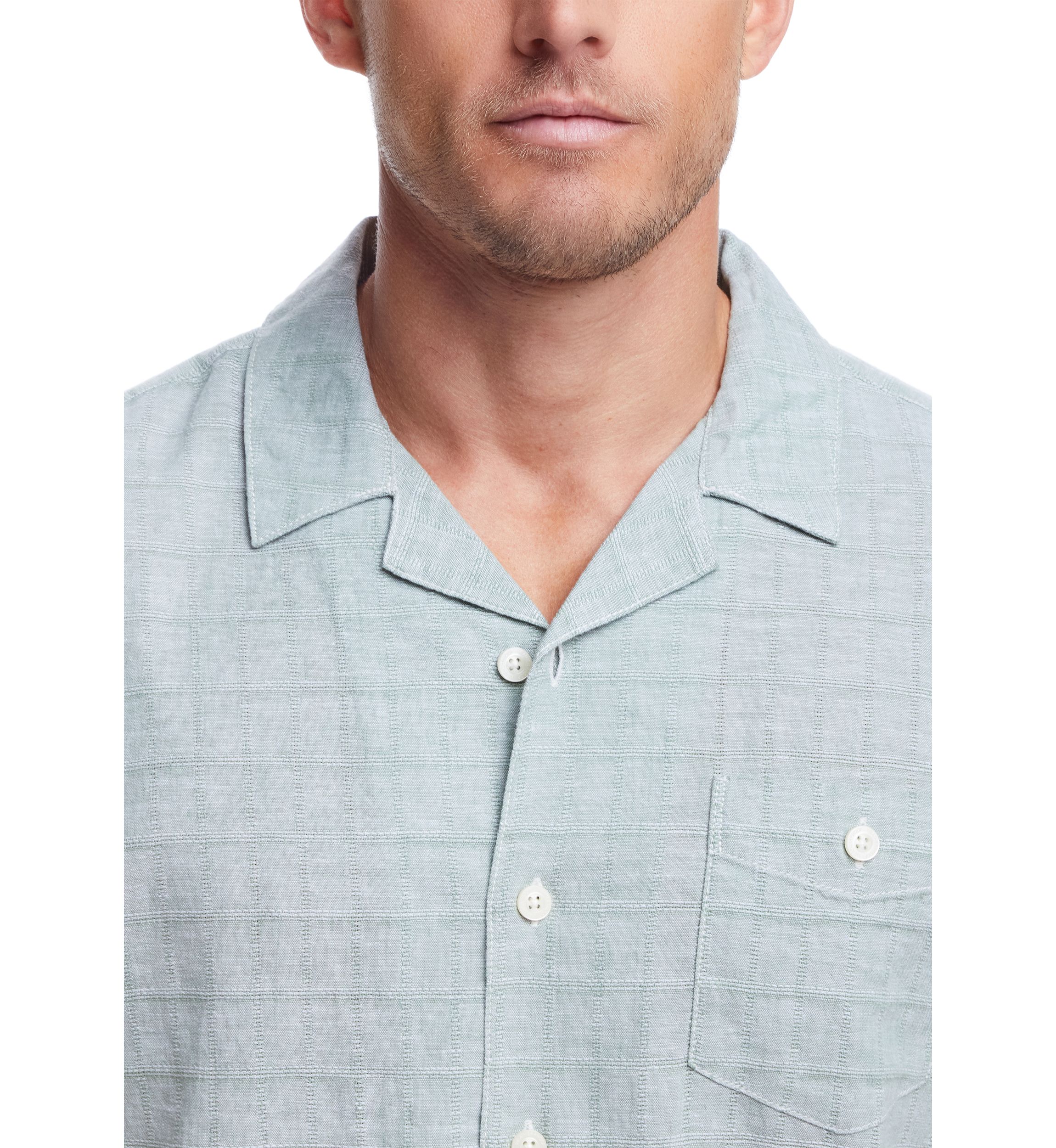 Mens Short Sleeve Linen Cotton Grid Dobby Shirt