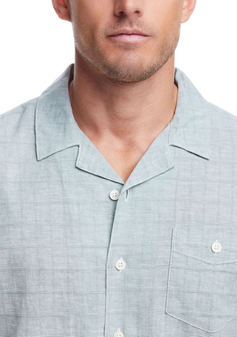 Mens Short Sleeve Linen Cotton Grid Dobby Shirt