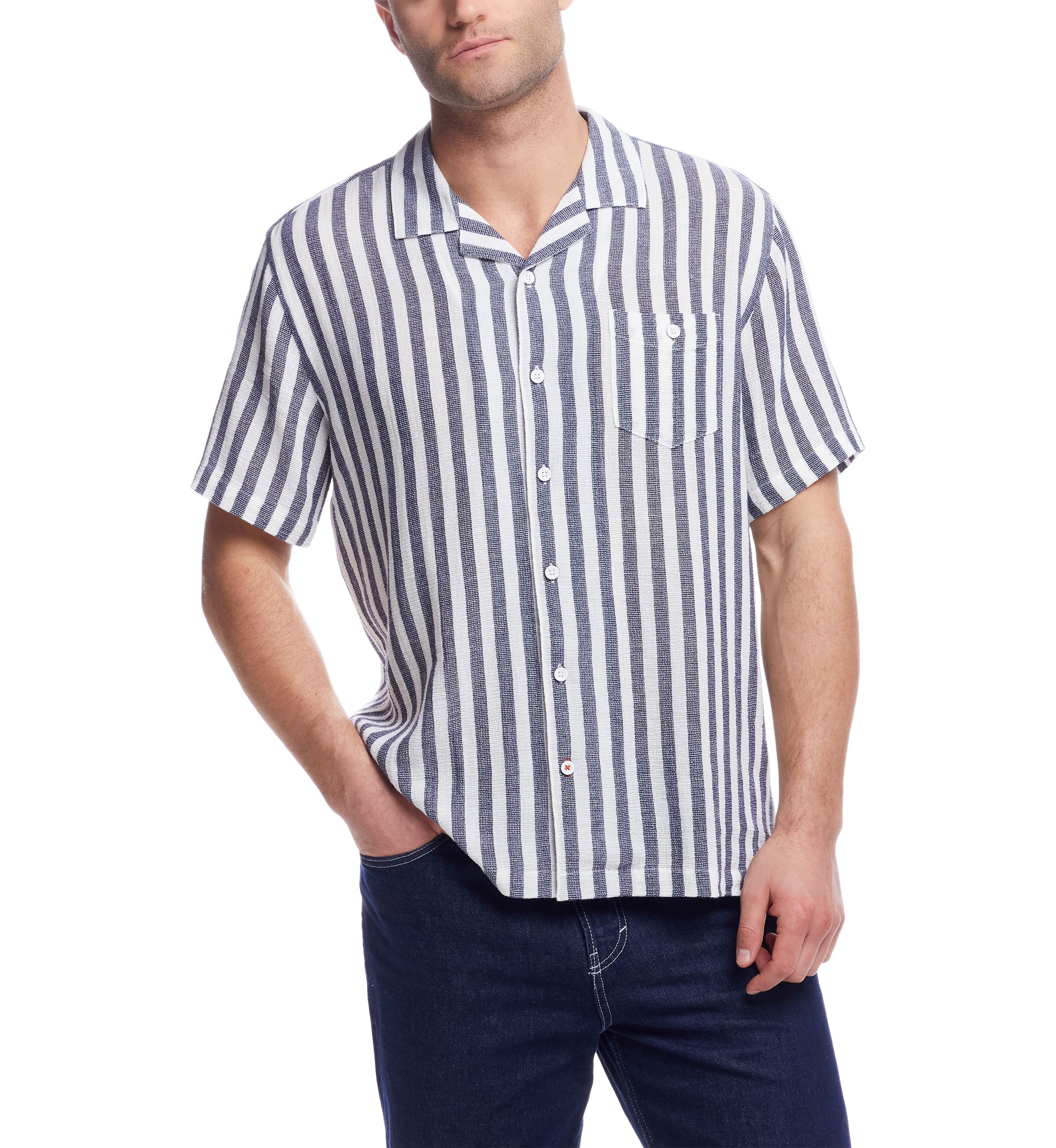 Mens Short Sleeve Cotton Linen Airtex Stripe Shirt 