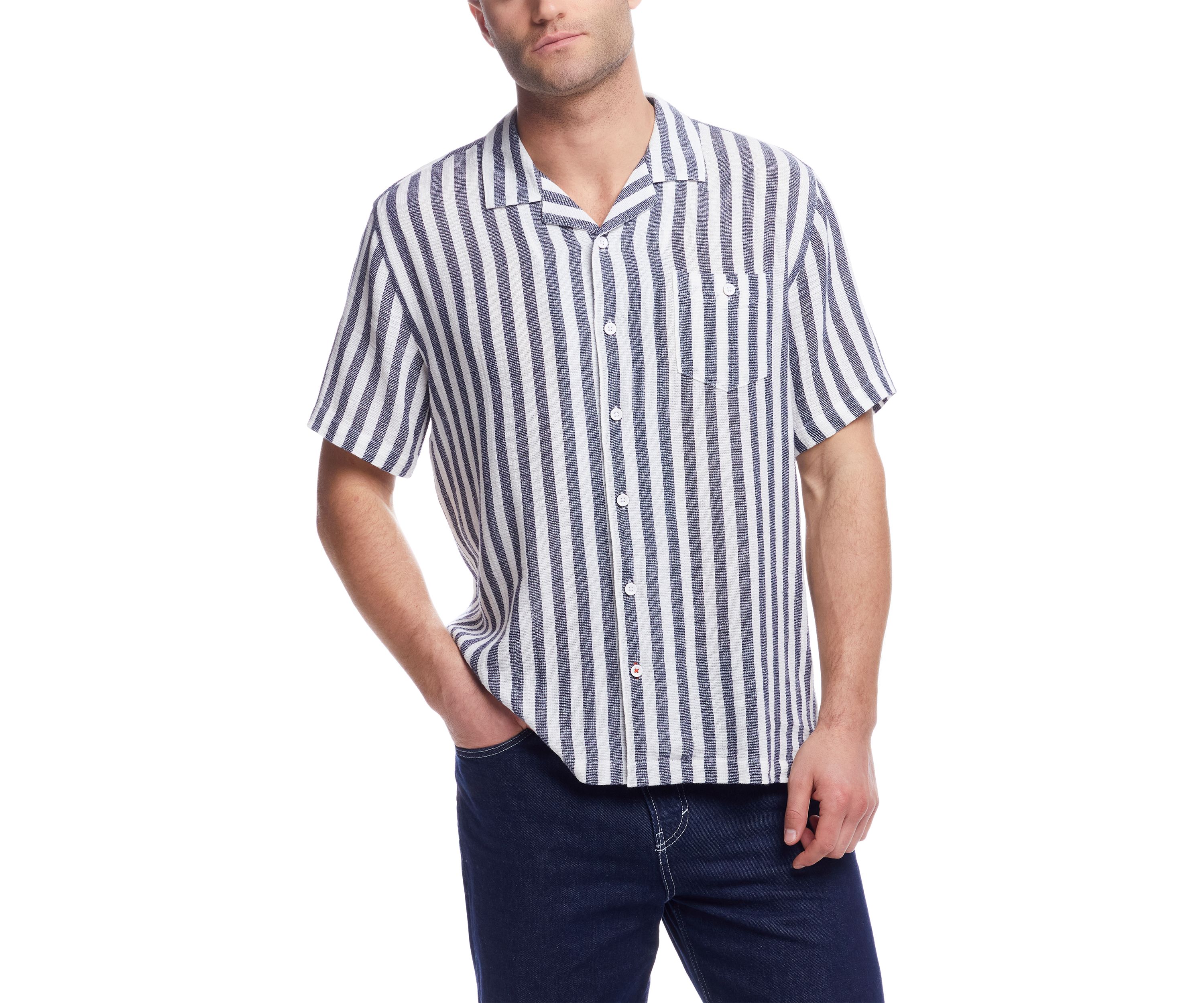 Mens Short Sleeve Cotton Linen Airtex Stripe Shirt 