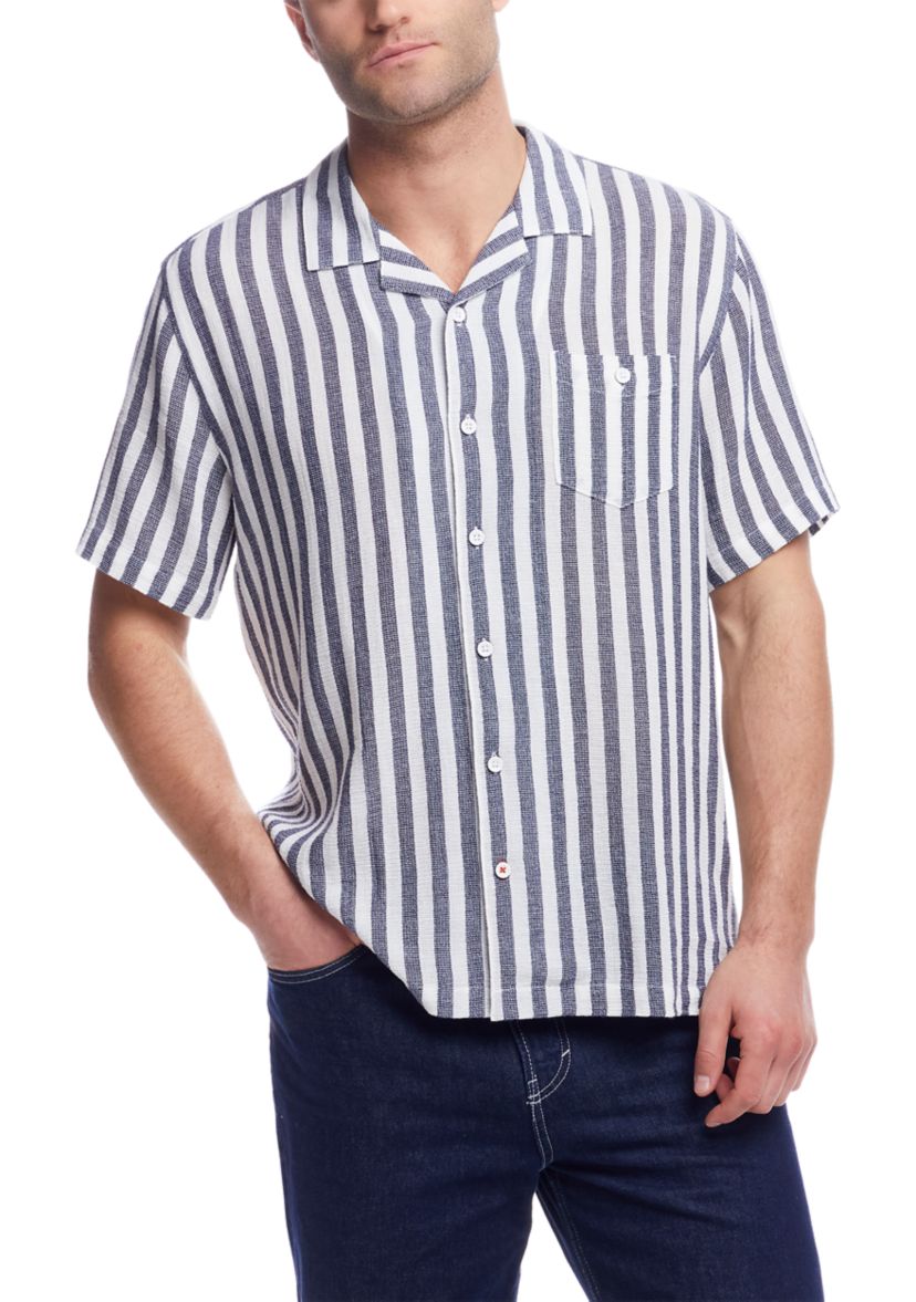 Mens Short Sleeve Cotton Linen Airtex Stripe Shirt 