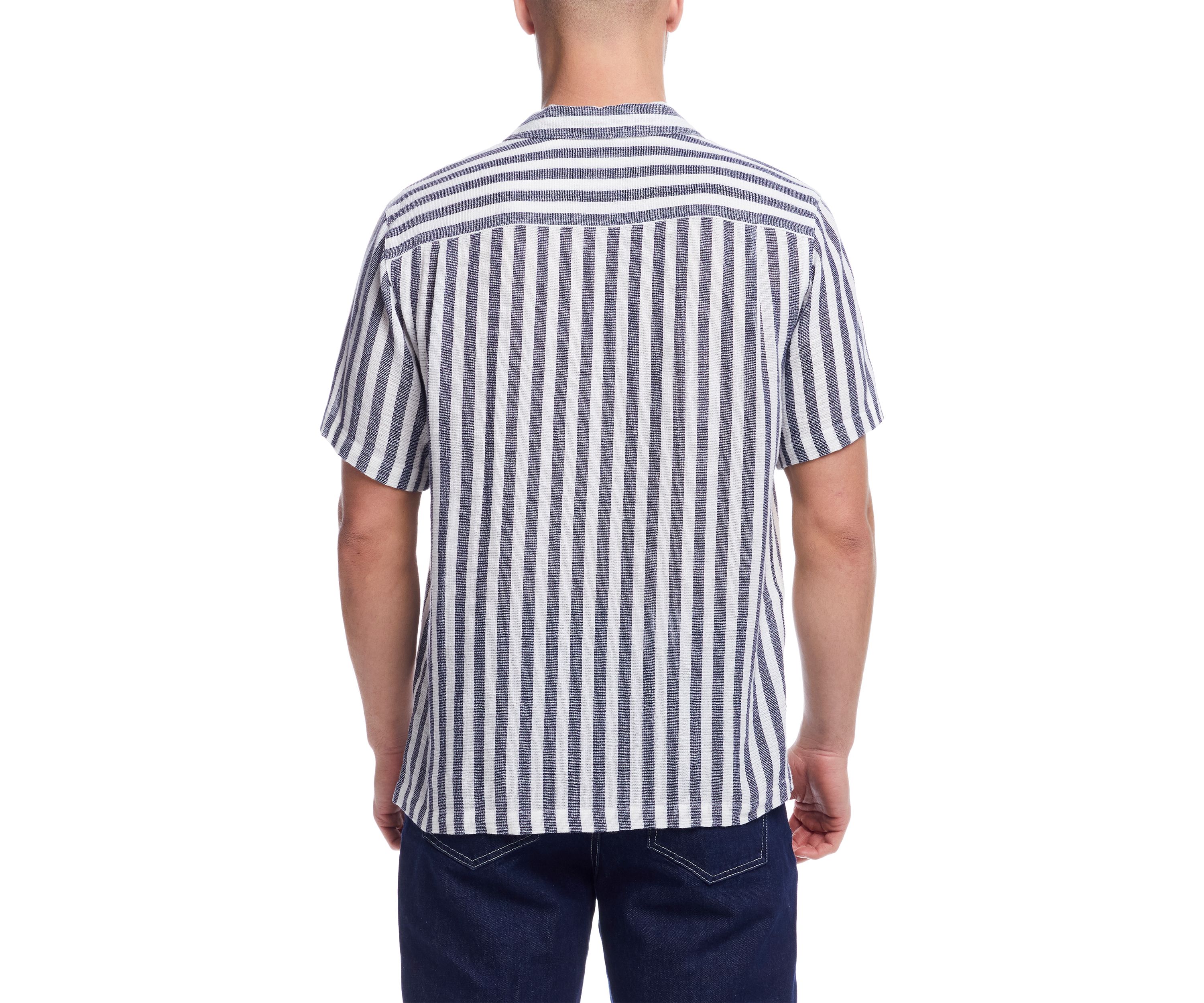 Mens Short Sleeve Cotton Linen Airtex Stripe Shirt 